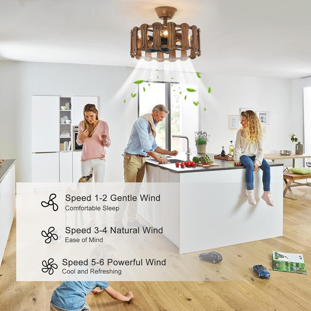 Garwarm 18in Caged Ceiling Fan with Light, Chandelier Farmhouse Ceiling Fans with Lights and Remote,Bladeless Rustic Fandelier Ceiling Fan for Kitchen, Bedroom（6 Speed, Timing）-Rustic Wood