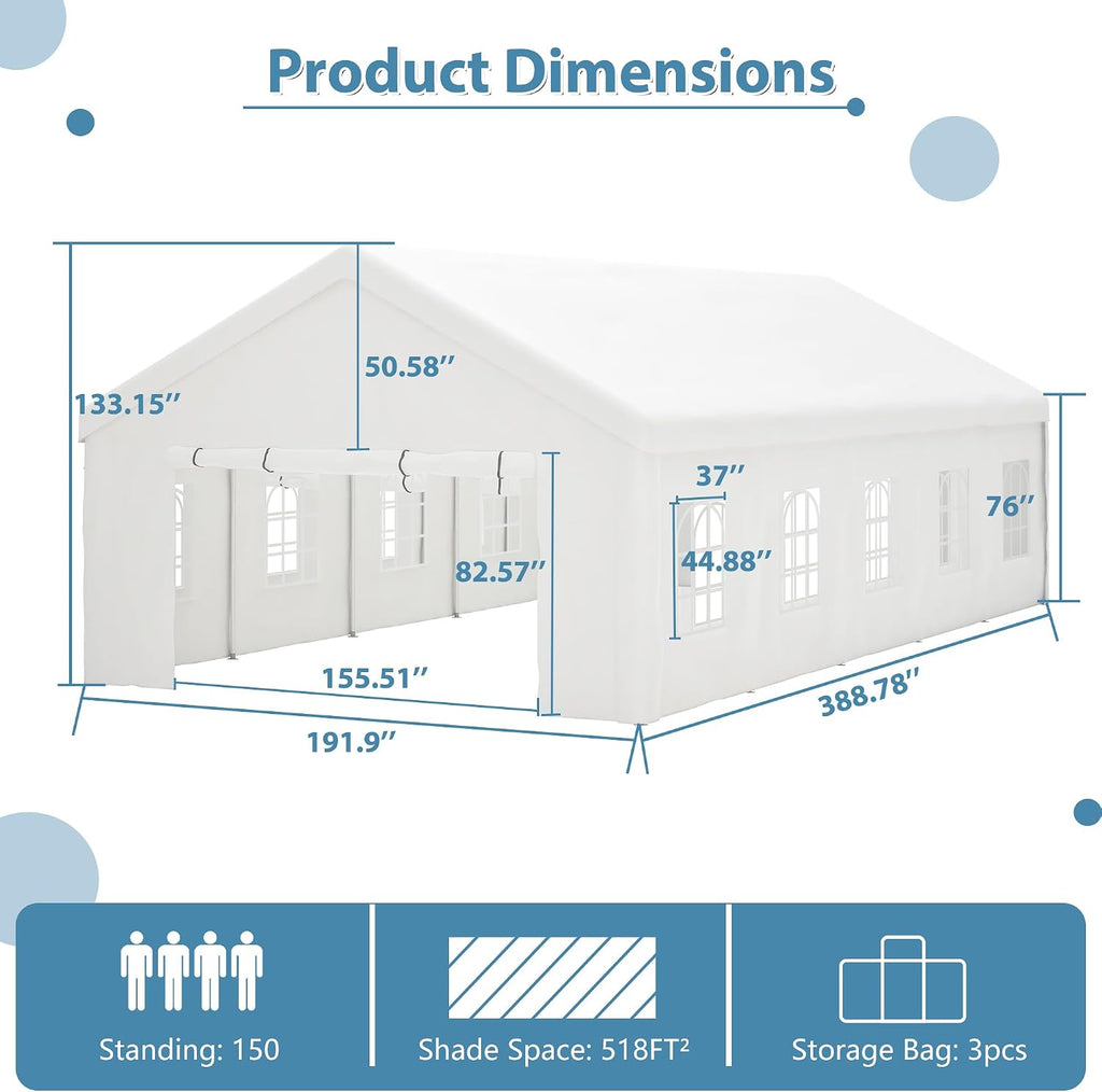 KEIKI 16X32ft Party Tent Heavy Duty, Outdoor Canopy Tent Carport Wedding Event Shelter BBQ Wedding Tents for Parties with Storage Bags & Removable Sidewall for Parties Carport Camping Garden Patio
