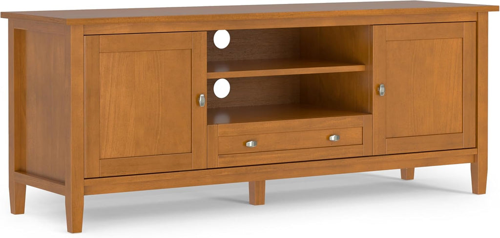 SIMPLIHOME Warm Shaker TV Stand - 60 inch Wide Solid Wood Media Console in Light Golden Brown, Transitional Entertainment Center for Living Room for TVs up to 65 Inches with Cable Management
