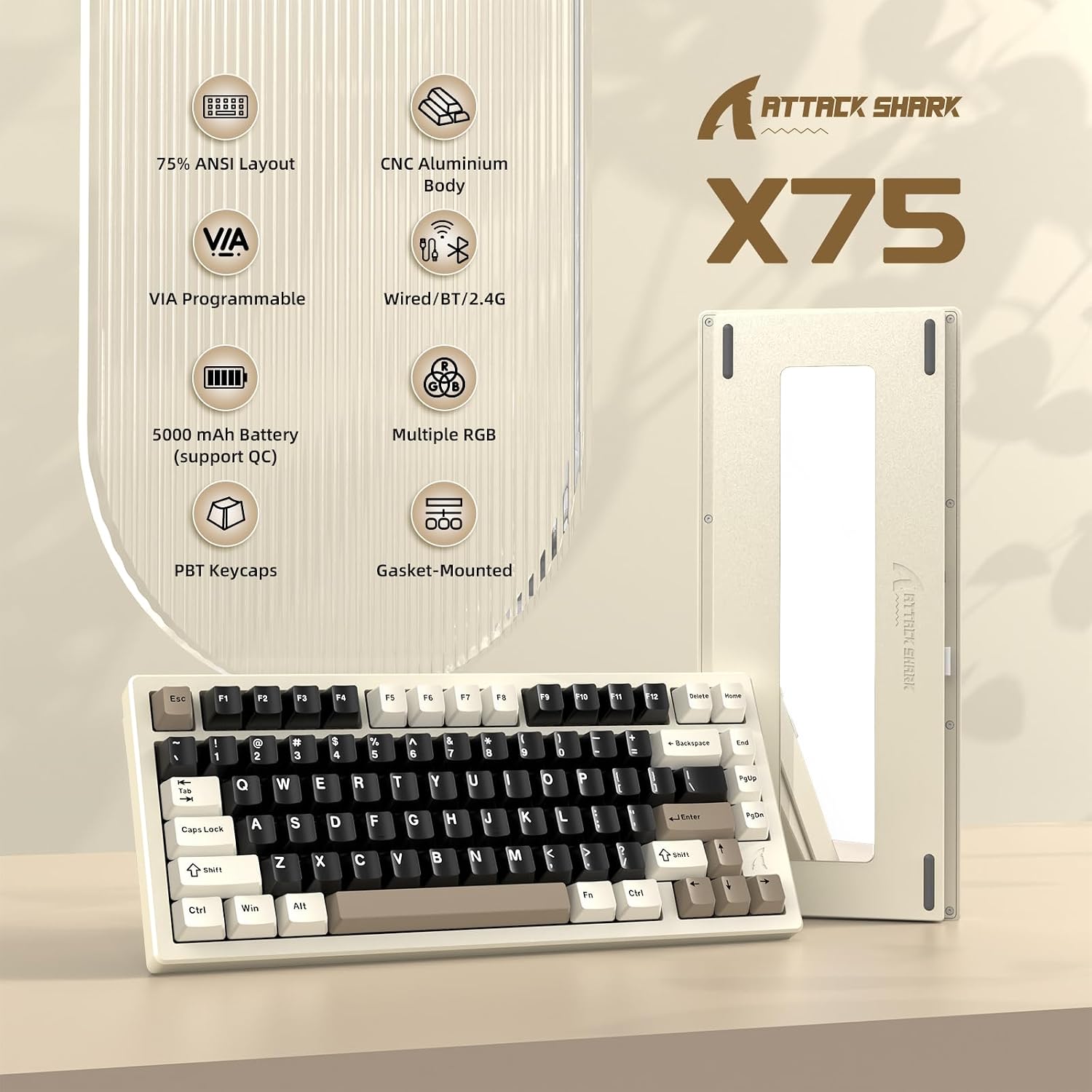 ATTACK SHARK X75-QMK Wireless Mechanical Gaming Keyboard - CNC Aluminum Alloy Shell, Customizable RGB Lighting Gasket Mount, Tri-Mode (2.4G/BT/Wired), VIA Compatible for WIN/MAC/PS4/Xbox- Mlilky White
