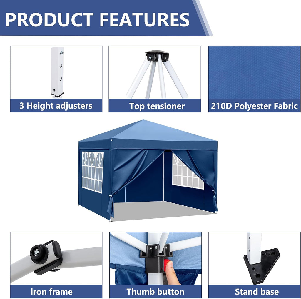10x10 Pop Up Canopy Tent with Sidewalls, 3 Height Adjustable Beach Tent with Carrying Bag, 8 Stakes & 4 Ropes, Easy Set Up Gazebo for Events, Party, Wedding (10x10FT Blue with 4Sidewalls)