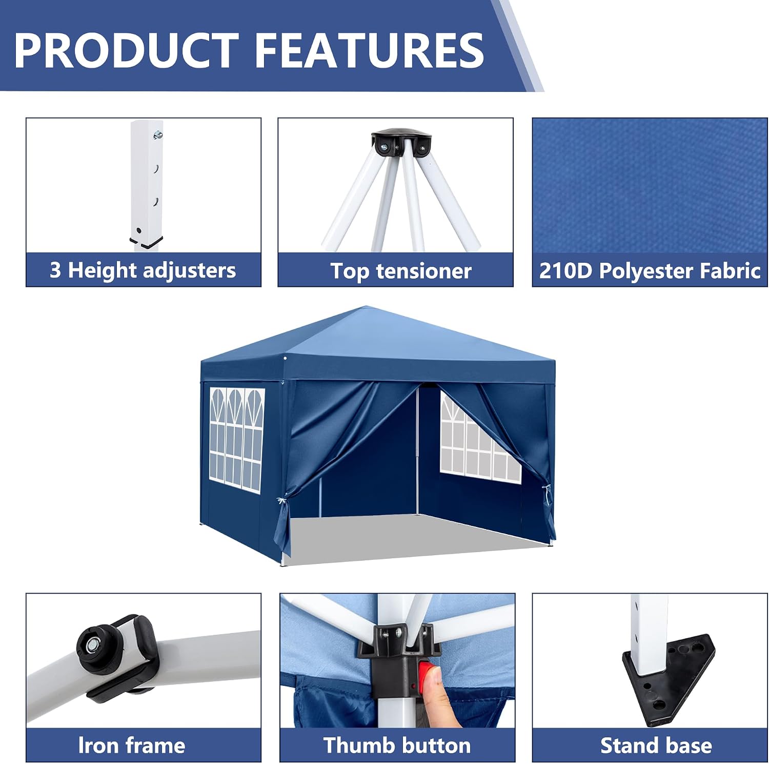 10x10 Pop Up Canopy Tent with Sidewalls, 3 Height Adjustable Beach Tent with Carrying Bag, 8 Stakes & 4 Ropes, Easy Set Up Gazebo for Events, Party, Wedding (10x10FT Blue with 4Sidewalls)
