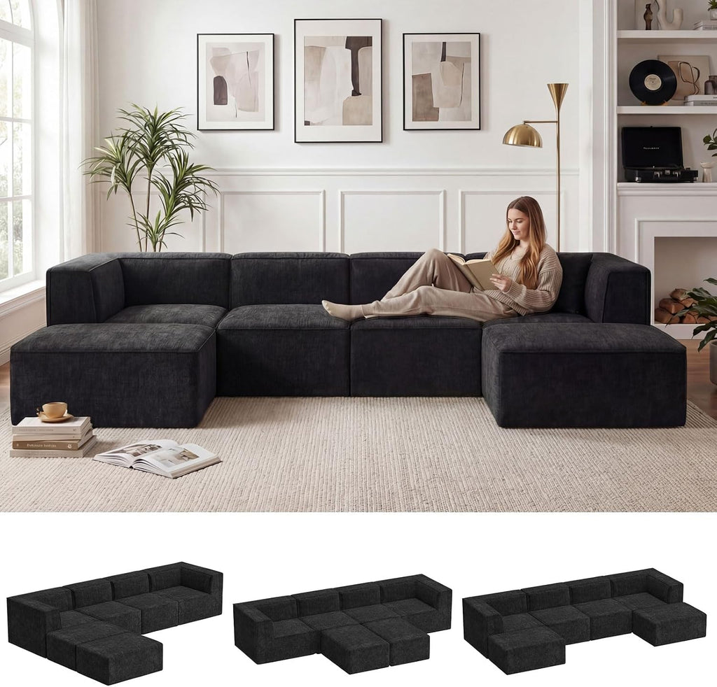 136' 6-Piece Sectional Sofa Modular Couches,L-U-Shaped with Chaise,for Living Room,Compressed Foam No Assembly,for Living Room (2xArmless Corner Ottoman) Fabric Chenille Dark Grey