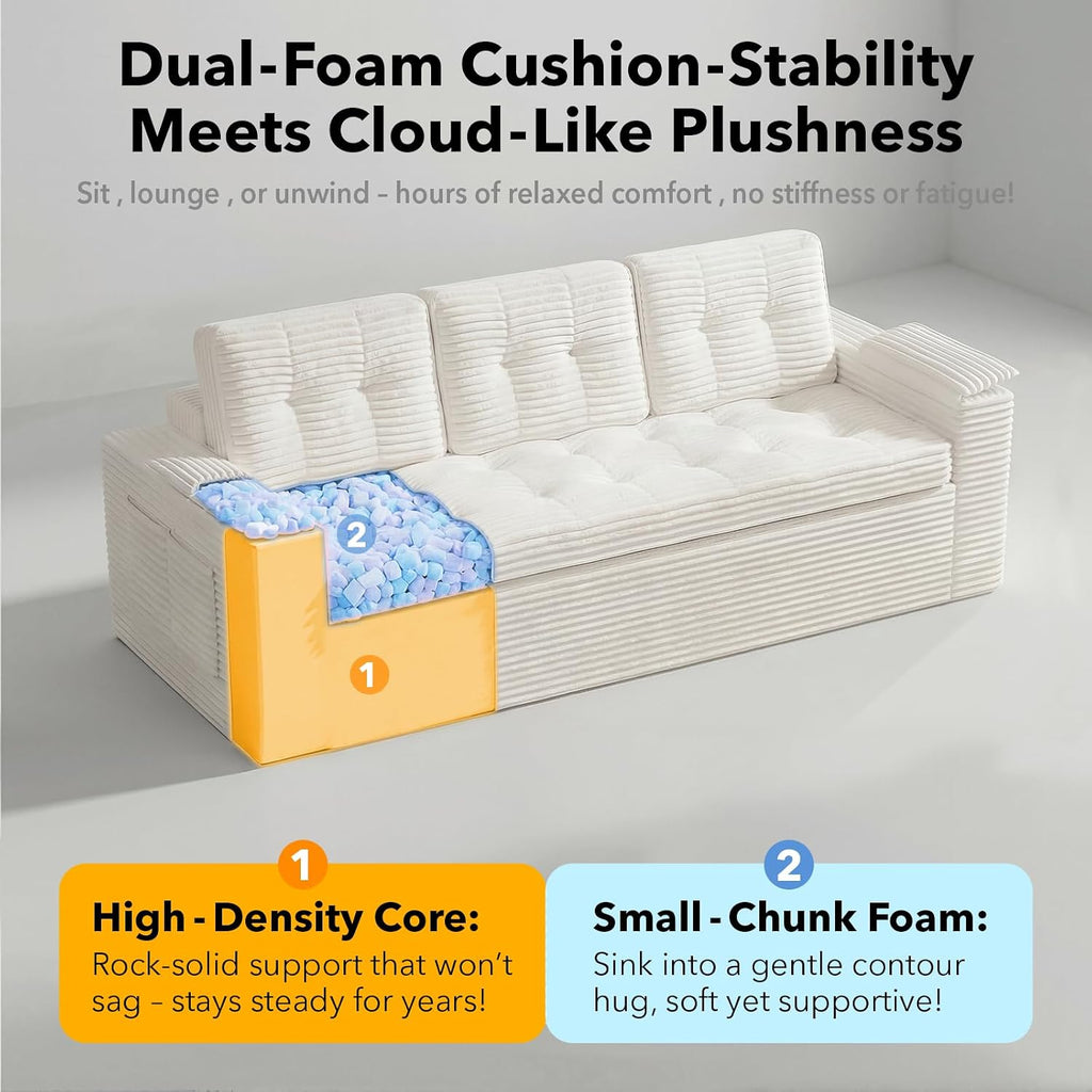83' Boneless Couch, 3-Seater Cloud Corduroy Sofa in a Box with Deep Tufted Cushions, Zero Assembly, Removable Washable Cover, Family-Friendly Living Room Couch, Beige