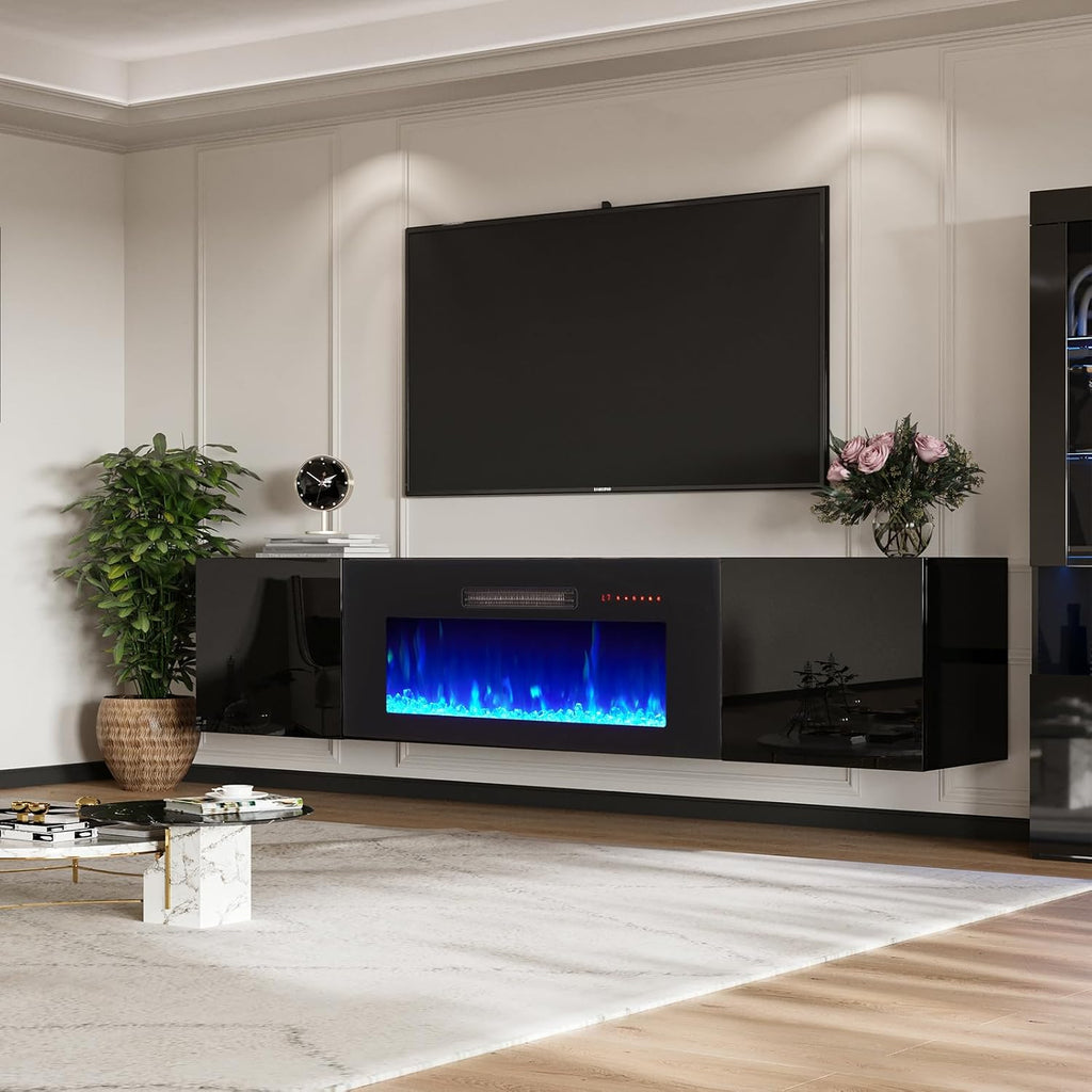AMERLIFE Floating Fireplace TV Stand, Wall Mounted Mirrored Entertainment Center with 40' Electric Fireplace, Modern LED Lights Media Console for TVs Up to 90', Black