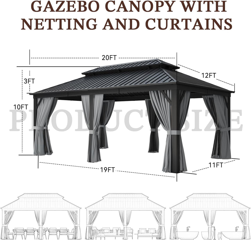 12FT X 20FT Hardtop, Galvanized Steel Dual-Layer Top, Aluminum Metal Gazebo with Netting and Curtains, Permanent Gazebo Pavilion for Party, Outdoor Dining, Wedding