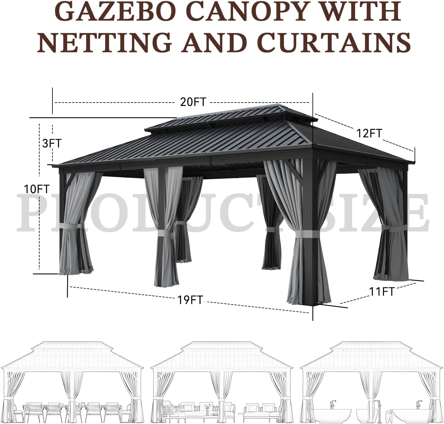 12FT X 20FT Hardtop, Galvanized Steel Dual-Layer Top, Aluminum Metal Gazebo with Netting and Curtains, Permanent Gazebo Pavilion for Party, Outdoor Dining, Wedding