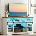 HOOBRO TV Stand for 65 Inch TV, Farmhouse Entertainment Center with LED Lights and Charging Station, Media Console TV Cabinet with Adjustable Shelves and Glass Doors for Living Room, White and Walnut