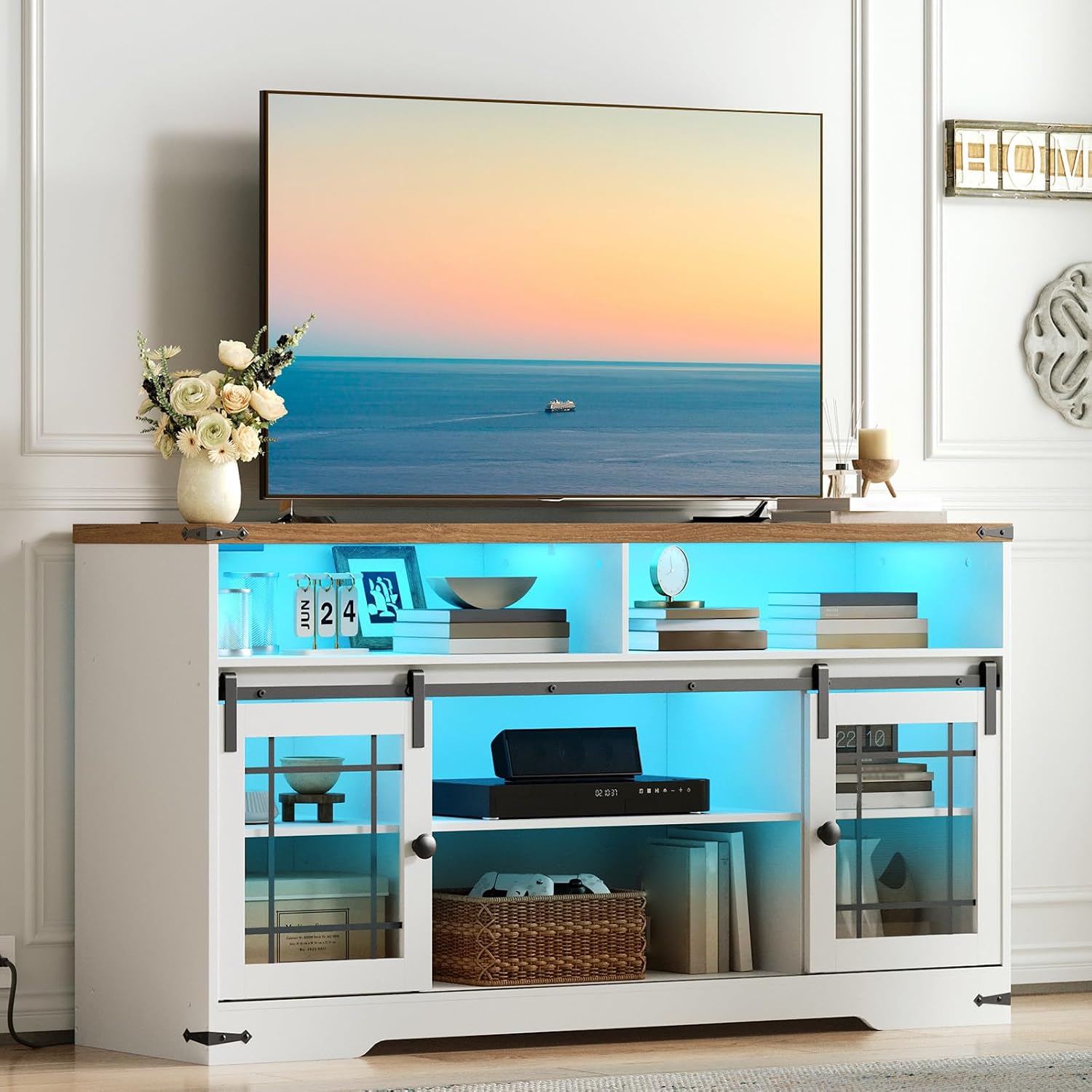 HOOBRO TV Stand for 65 Inch TV, Farmhouse Entertainment Center with LED Lights and Charging Station, Media Console TV Cabinet with Adjustable Shelves and Glass Doors for Living Room, White and Walnut