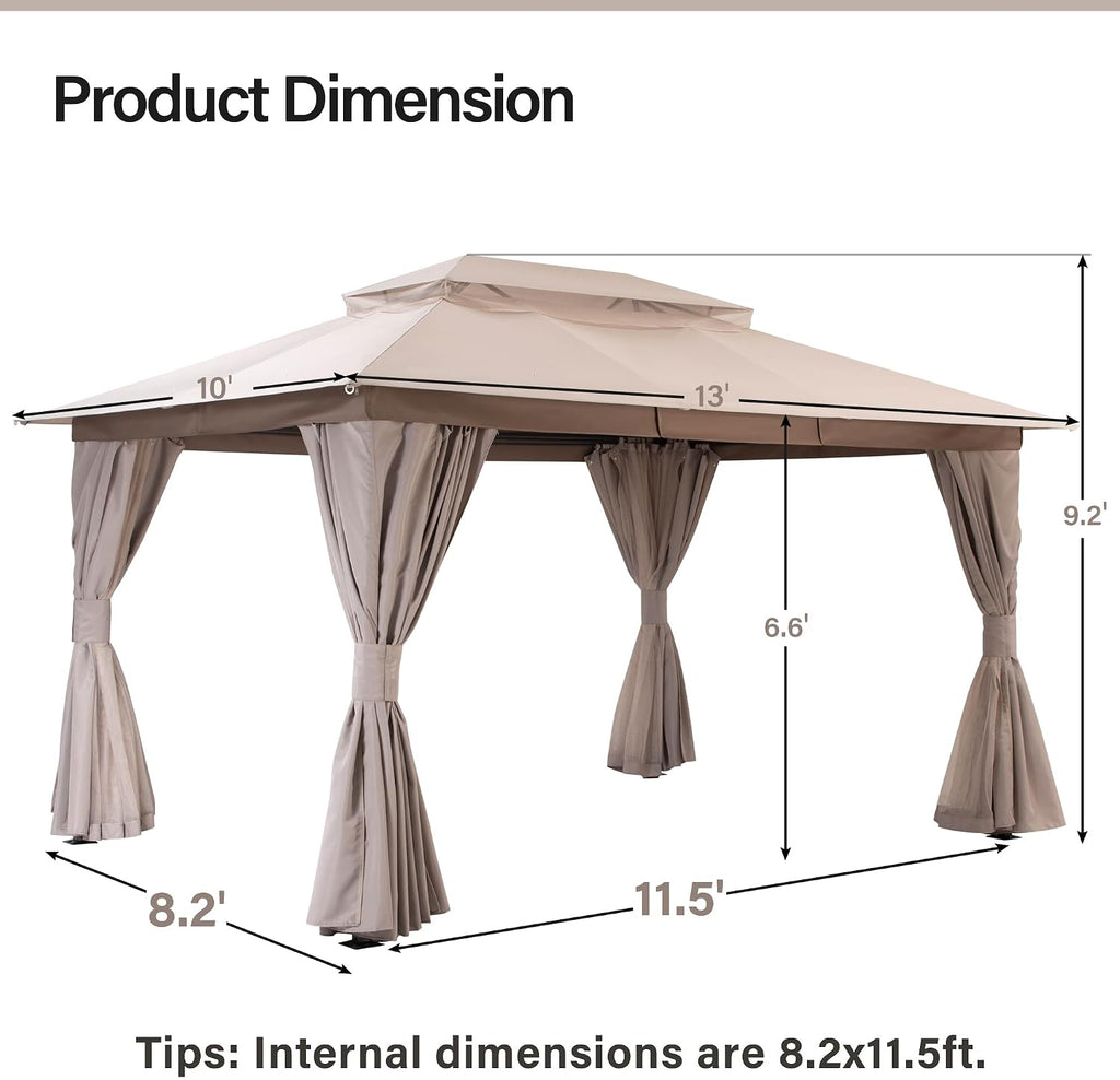 LAUSAINT HOME Gazebo 10x13ft, Heavy Duty Patio Gazebo with Expansion Bolts, Party Canopy Tent with Double Roofs, Mosquito Nettings and Privacy Screens for Backyard, Garden, Lawn, Khaki