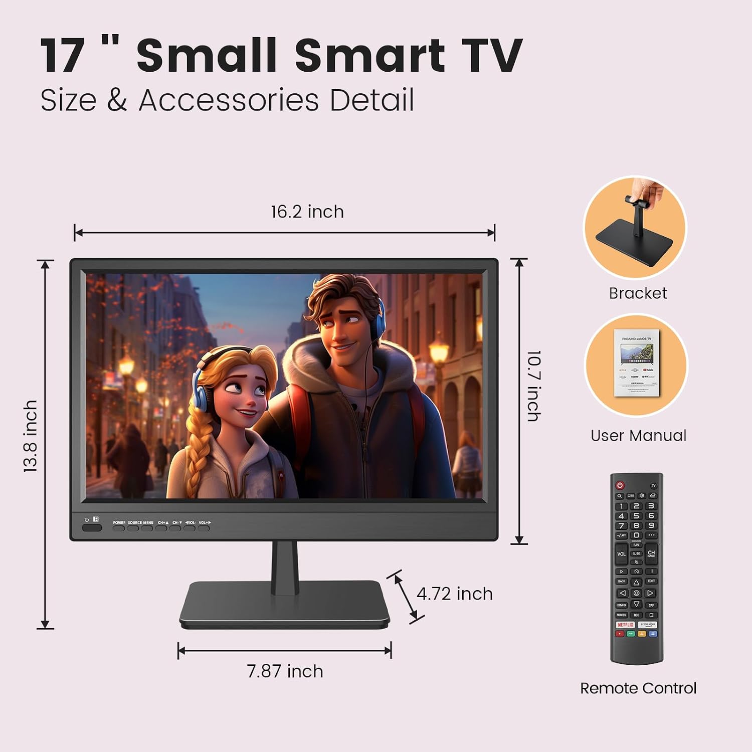 Jexiop 17inch Smart TV,Full HD 1080p LED Flat Screen with ATSC TV,with Built-in HDMI/USB-Suitable for Kitchen Kid's Room Basement or RV Camper