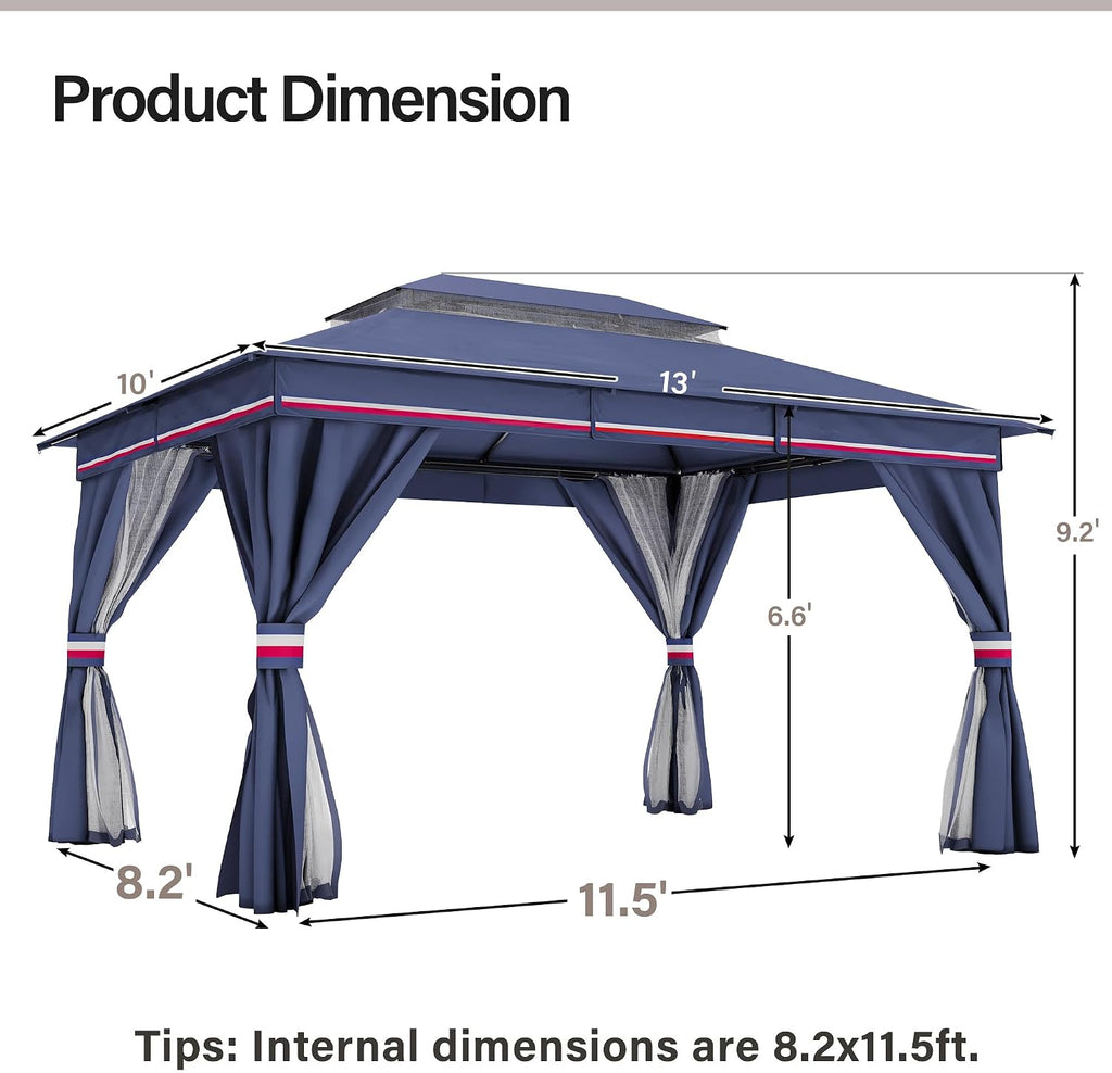 LAUSAINT HOME 10'x13' Outdoor Gazebo, Metal Frame Heavy Duty Patio Canopy Tent Shelter with Double Roofs, Mosquito Nettings and Privacy Screens for Backyard, Garden, Lawn, Classic Blue