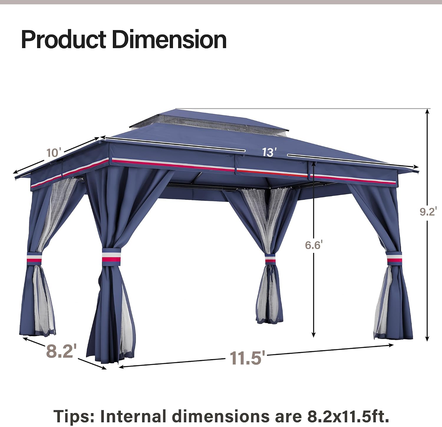 LAUSAINT HOME 10'x13' Outdoor Gazebo, Metal Frame Heavy Duty Patio Canopy Tent Shelter with Double Roofs, Mosquito Nettings and Privacy Screens for Backyard, Garden, Lawn, Classic Blue