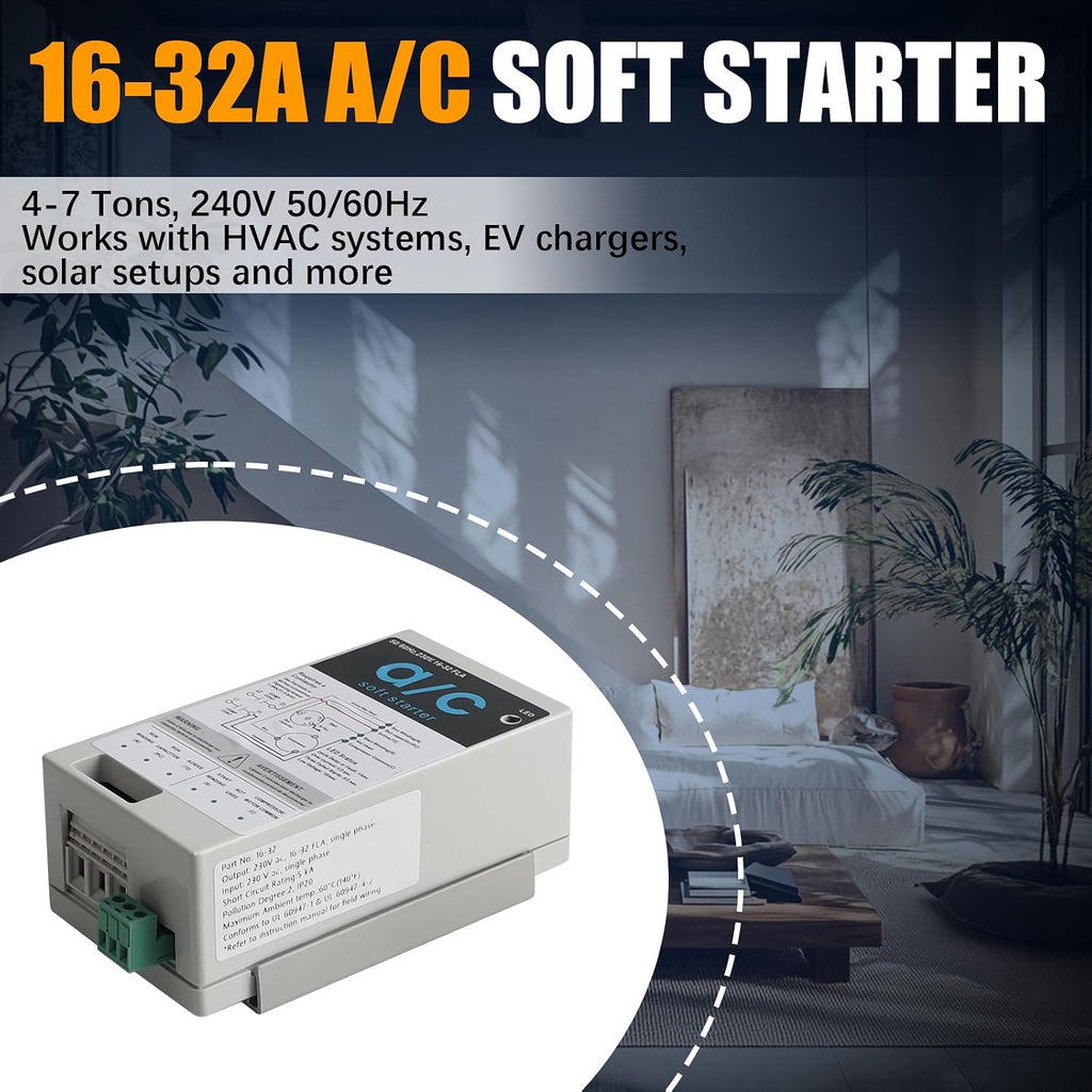 16-32A Soft Start Module for 4-7 Ton Residential HVAC Air Conditioners, Reverse Motor Protection, AC Soft Start Kit Replace for Generator System