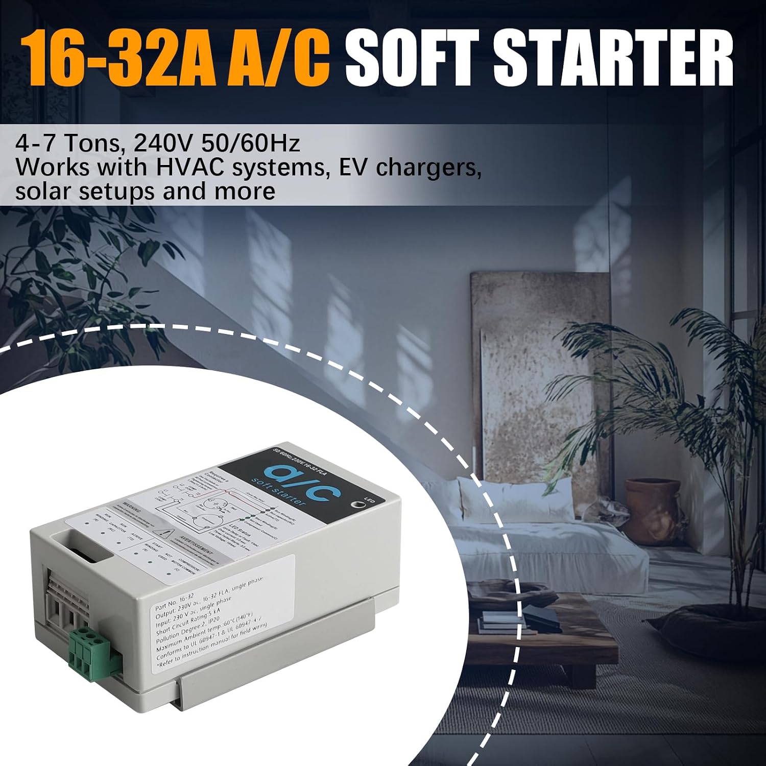 16-32A Soft Start Module for 4-7 Ton Residential HVAC Air Conditioners, Reverse Motor Protection, AC Soft Start Kit Replace for Generator System