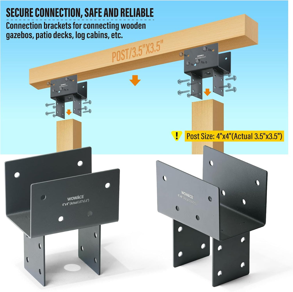 4pcs 4x4 (Actual 3.5'x3.5') Post Cap Tie Bracket, Heavy Duty Stainless Steel Wood Beam Support Bracket. for Gazebos, Patio Decks, and Porches Wood Post to Beam Support Connection (Dark Ggray)
