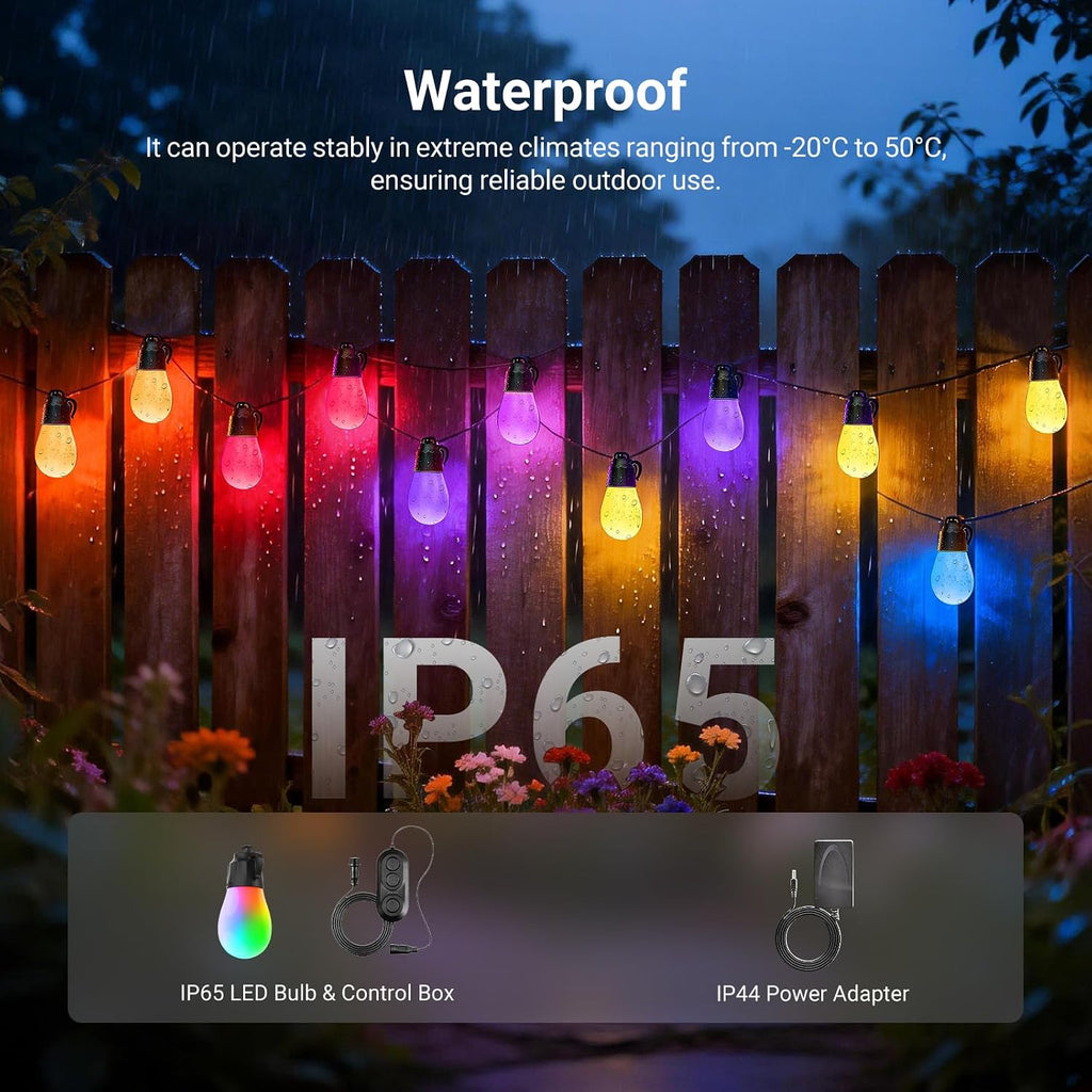 NEEWER 144ft Outdoor String Lights, App Control Smart AI RGBW Dimmable Patio Balcony Backyard Outside Hanging Lighting, IP65 Waterproof, 45 LED Bulbs, 50+ Scenes, Compatible with Alexa Google, NR01