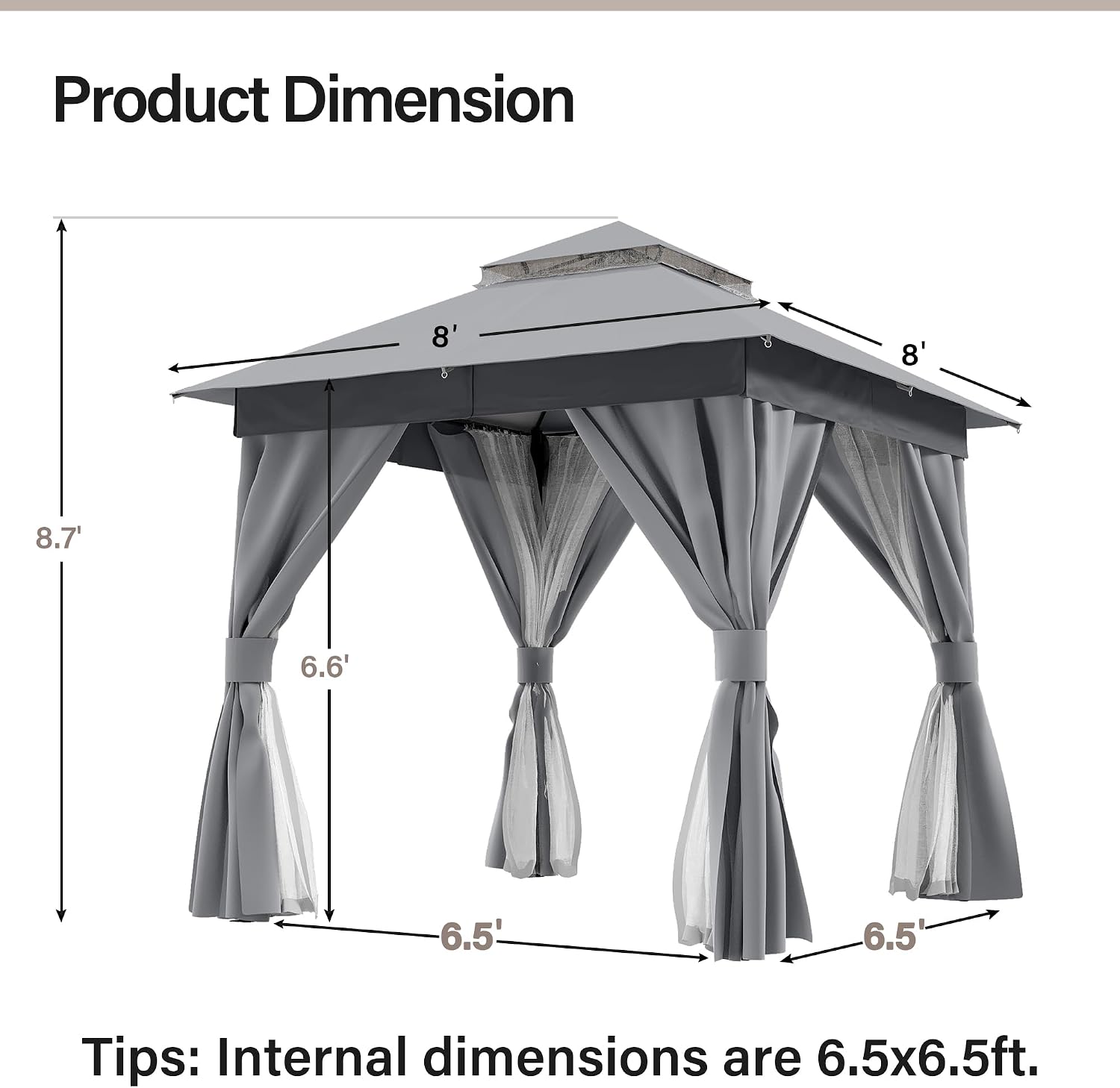 LAUSAINT HOME 8'x8' Outdoor Patio Gazebo, Heavy Duty Party Tent & Shelter with Double Roofs, Mosquito Nettings and Privacy Screens for Backyard, Garden, Deck (Grey)