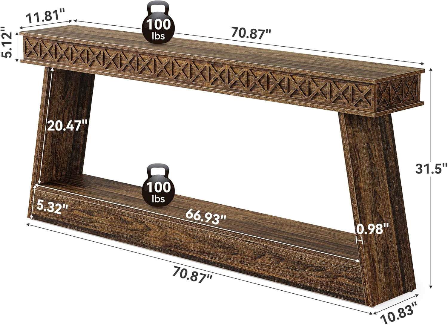 LITTLE TREE 70.87' Long Farmhouse Console Table, 2-Tier Shelf Narrow Accent Entryway Sofa Table for Living Room, Behind Couch, Hallway - Dark Brown