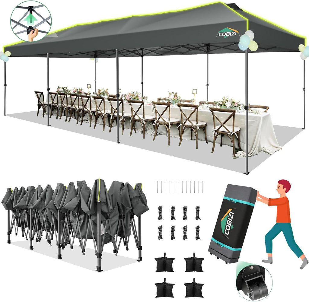 COBIZI 10x30 Pop Up Canopy One Push Party Tent with Air Vent Waterproof Commercial Outdoor Patio Gazebo for Parties Wedding Backyard Events, 3 Adjustable Height, Wheeled Bag, Sandbag, Stakes, Gray