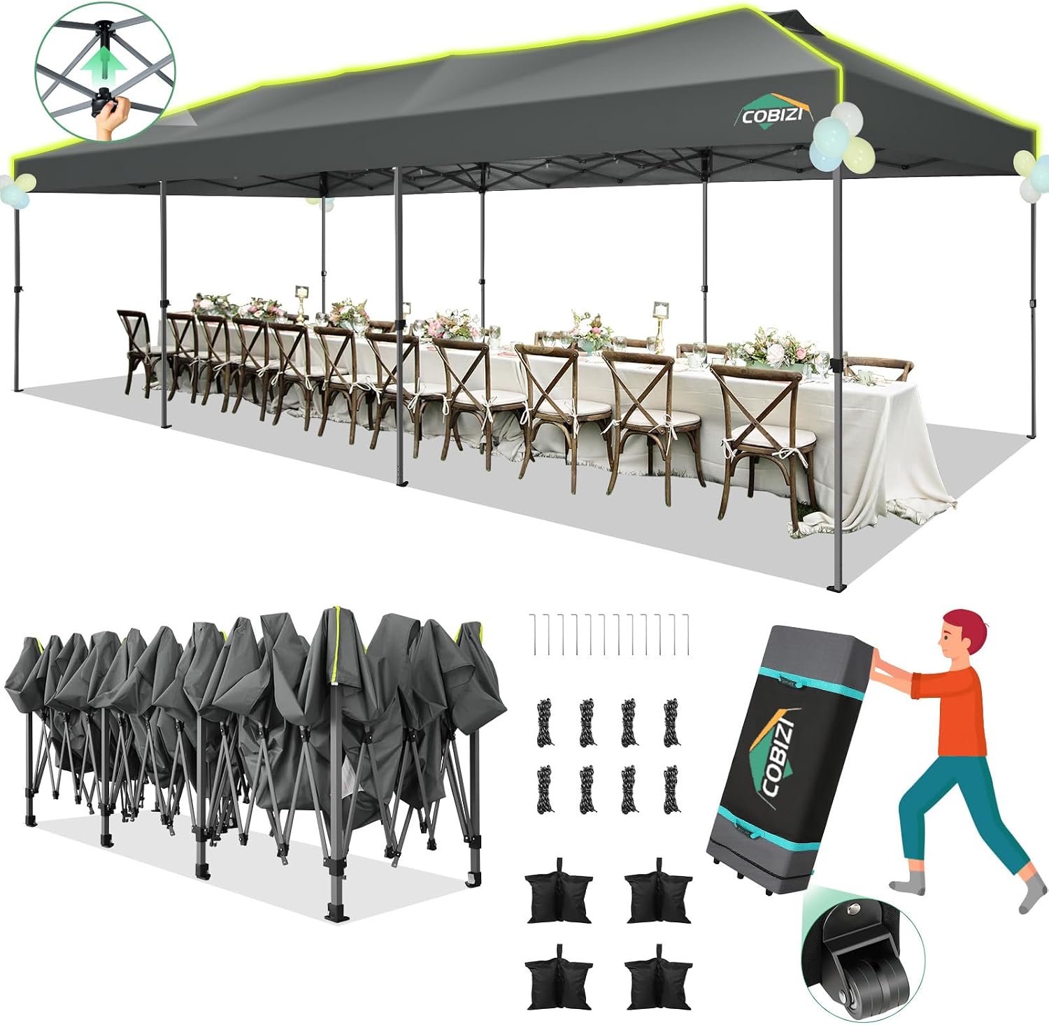 COBIZI 10x30 Pop Up Canopy One Push Party Tent with Air Vent Waterproof Commercial Outdoor Patio Gazebo for Parties Wedding Backyard Events, 3 Adjustable Height, Wheeled Bag, Sandbag, Stakes, Gray