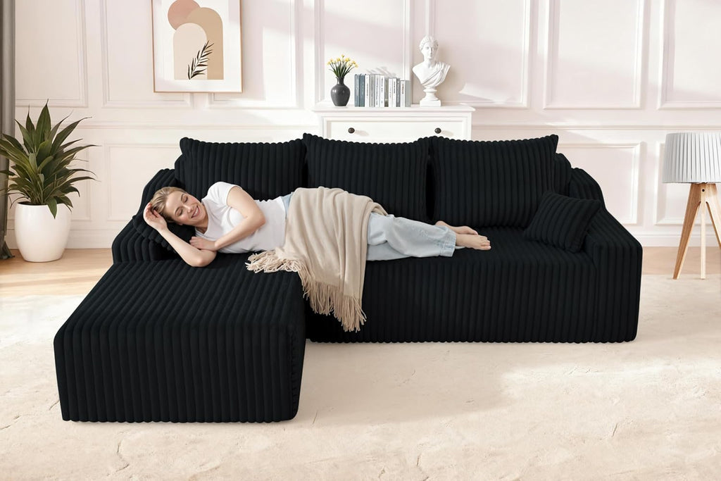 HABUTWAY 94'' Cloud Sectional Couch, Boneless Sofa with Deep Seat, Modular Comfy L-Shape Couch with Chaise for Living Room Bedroom, No Assembly Required(Black,Left Facing Chaise)