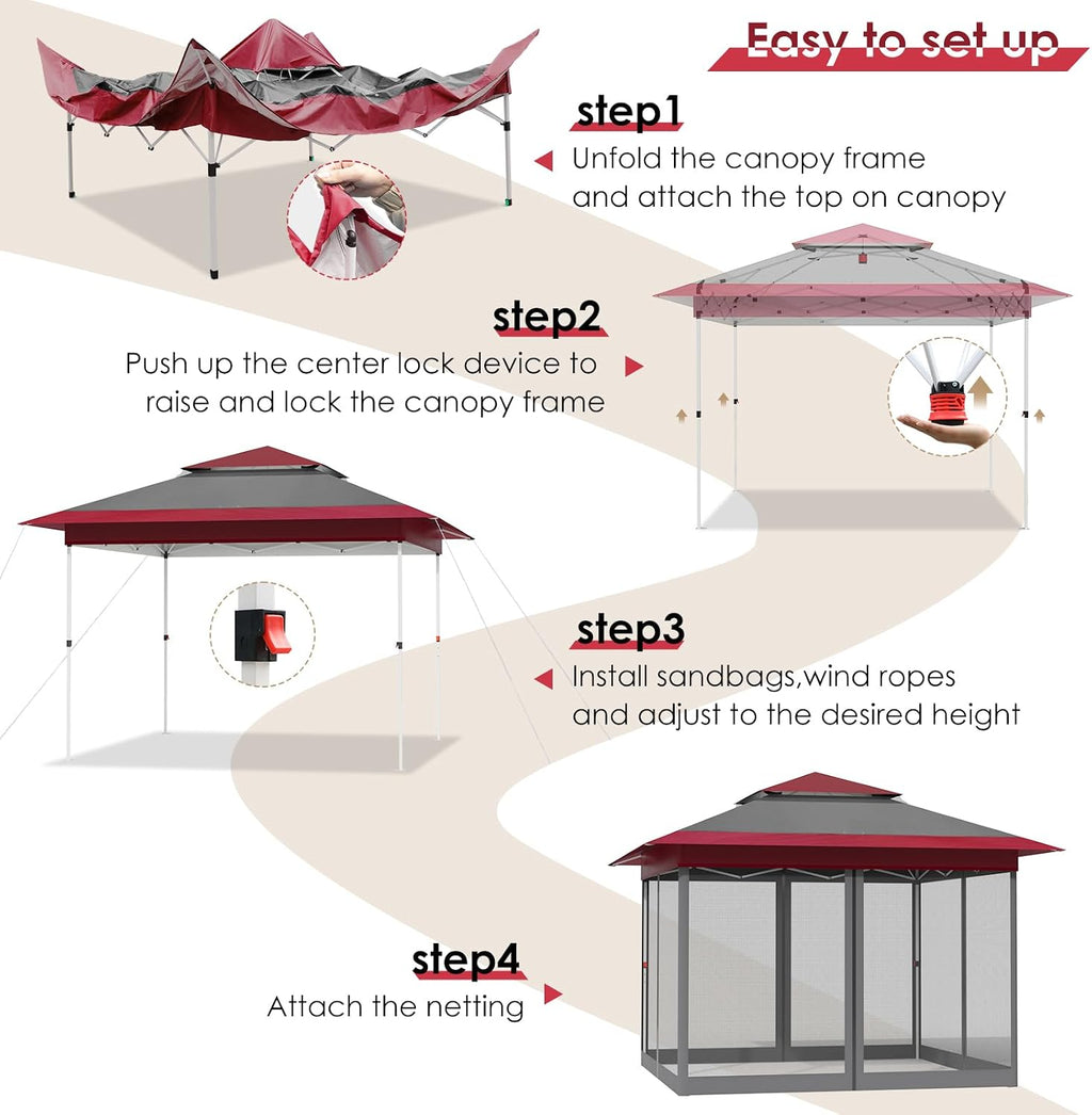 TLSUNNY 13' X 13' Pop Up Gazebo, Outdoor Canopy Tent W/4 Mesh Walls & Wheeled Bag, Screened Shelter with Netting, One-Person Set Up, Height Adjustable, for Patio, Yard, Party, Garden (Burgundy)