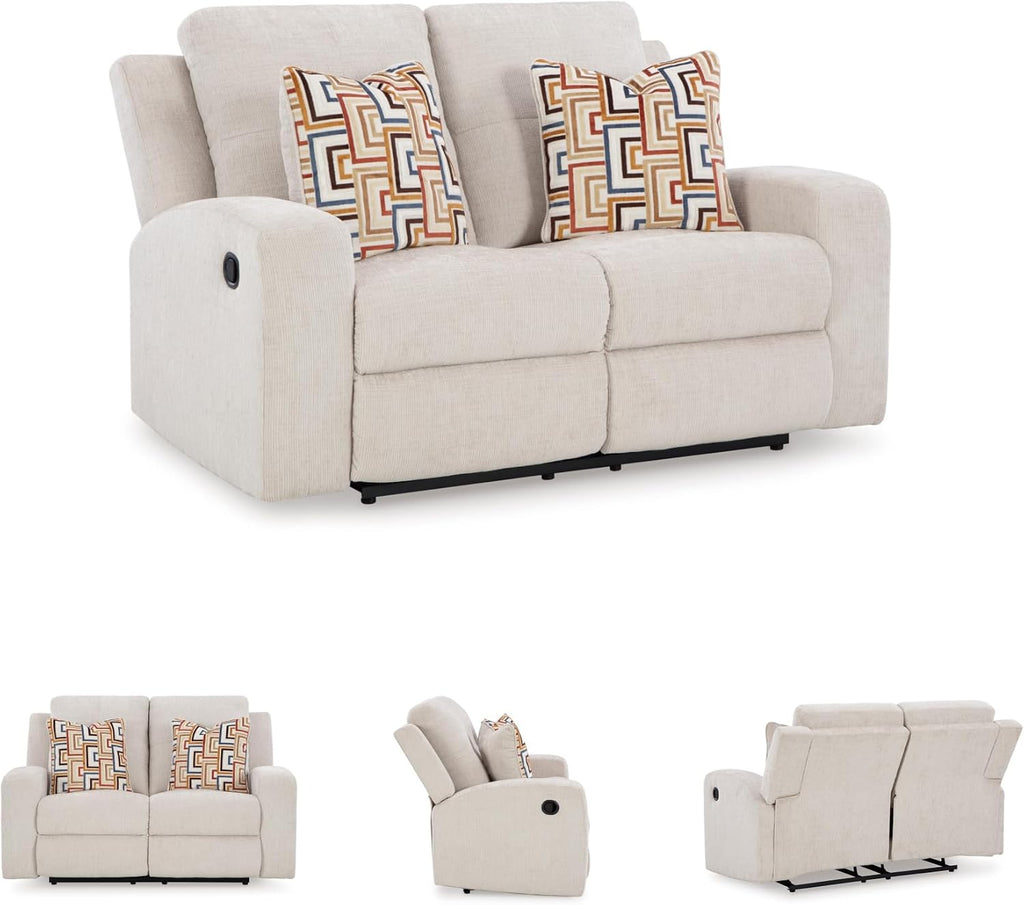Signature Design by Ashley Danum Modern Tufted Manual Reclining Loveseat with 2 Accent Pillows, Beige