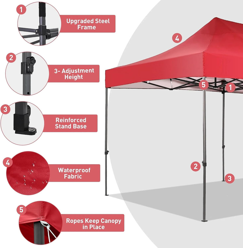 Outdoor Basic 10' x 20' Pop up Canopy Tent, Instant Heavy Duty Gazebo Tent with 6 Sidewalls/Wheeled Bag for Party Commercial Activity (Red, with 6 Sidewall)