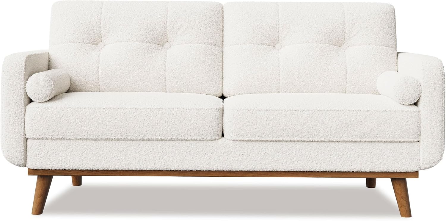IDEALHOUSE 65' Mid Century Modern Couch Sofa Loveseat, Comfy Love Seat Couches for Living Room, 2 Seater Teddy Fleece Boucle Upholstered Deep Seat Couch for Bedroom Office Small Space, White