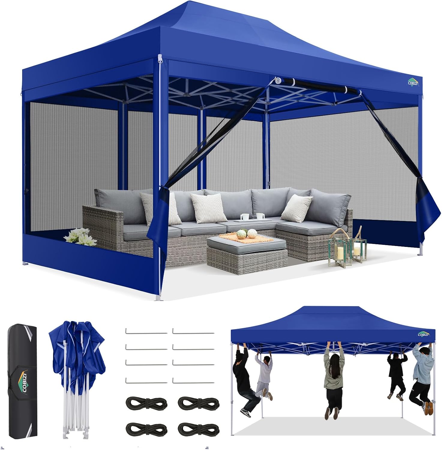 COBIZI 10x15 Canopy Tent, Heavy Duty Pop up Canopy with Sidewalls, Waterproof Easy Setup Canopy with Mosquito Netting, Outdoor Instant Screen Tents for Parties, Backyard with Carry Bag, Dark Blue