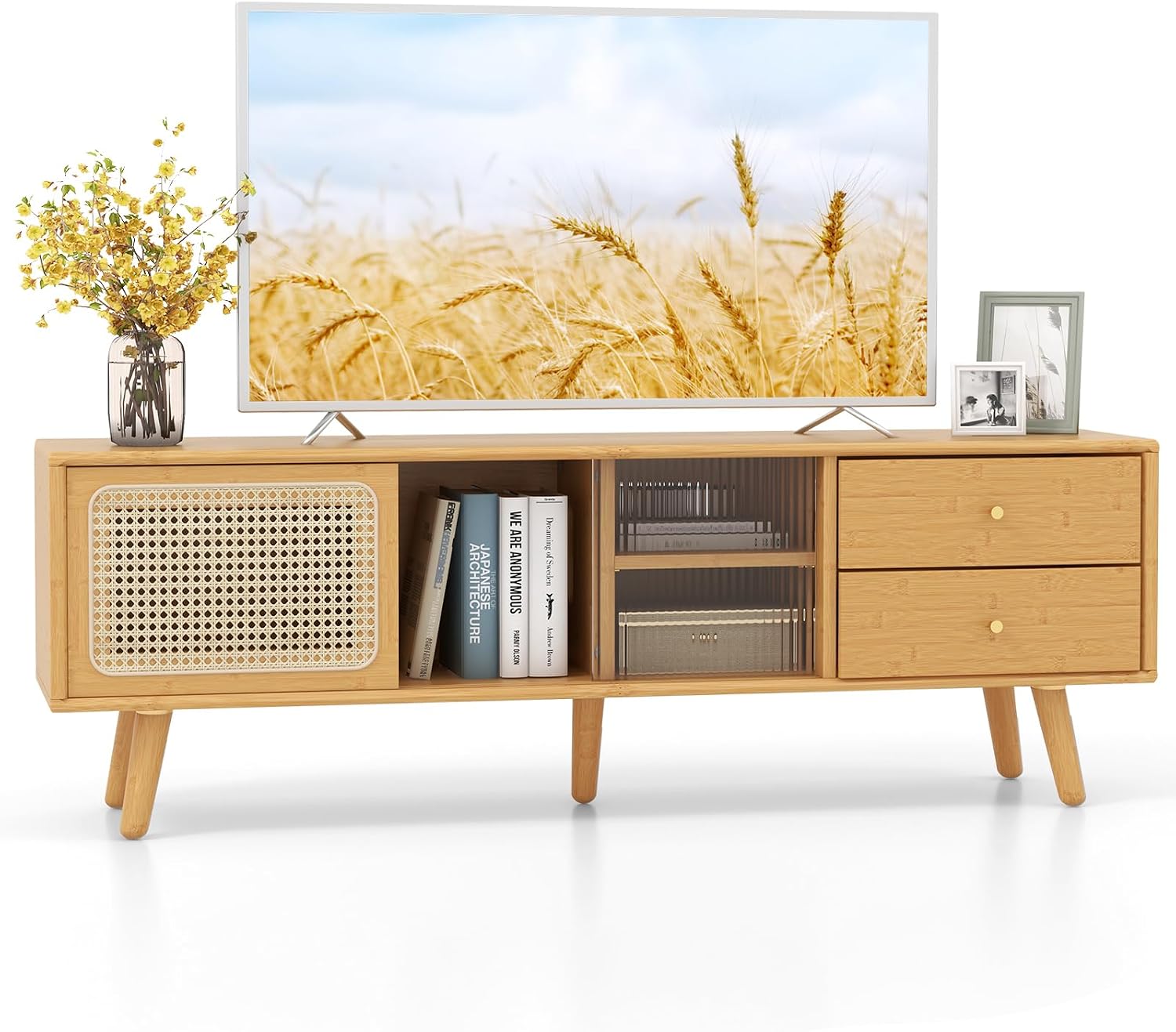 Tangkula Mid Century Modern TV Stand for TVs up to 65', Bamboo Entertainment Center w/Glass & PE Rattan Sliding Doors, 2 Drawers, Adjustable Shelf, Wood Legs, Media Console for Living Room
