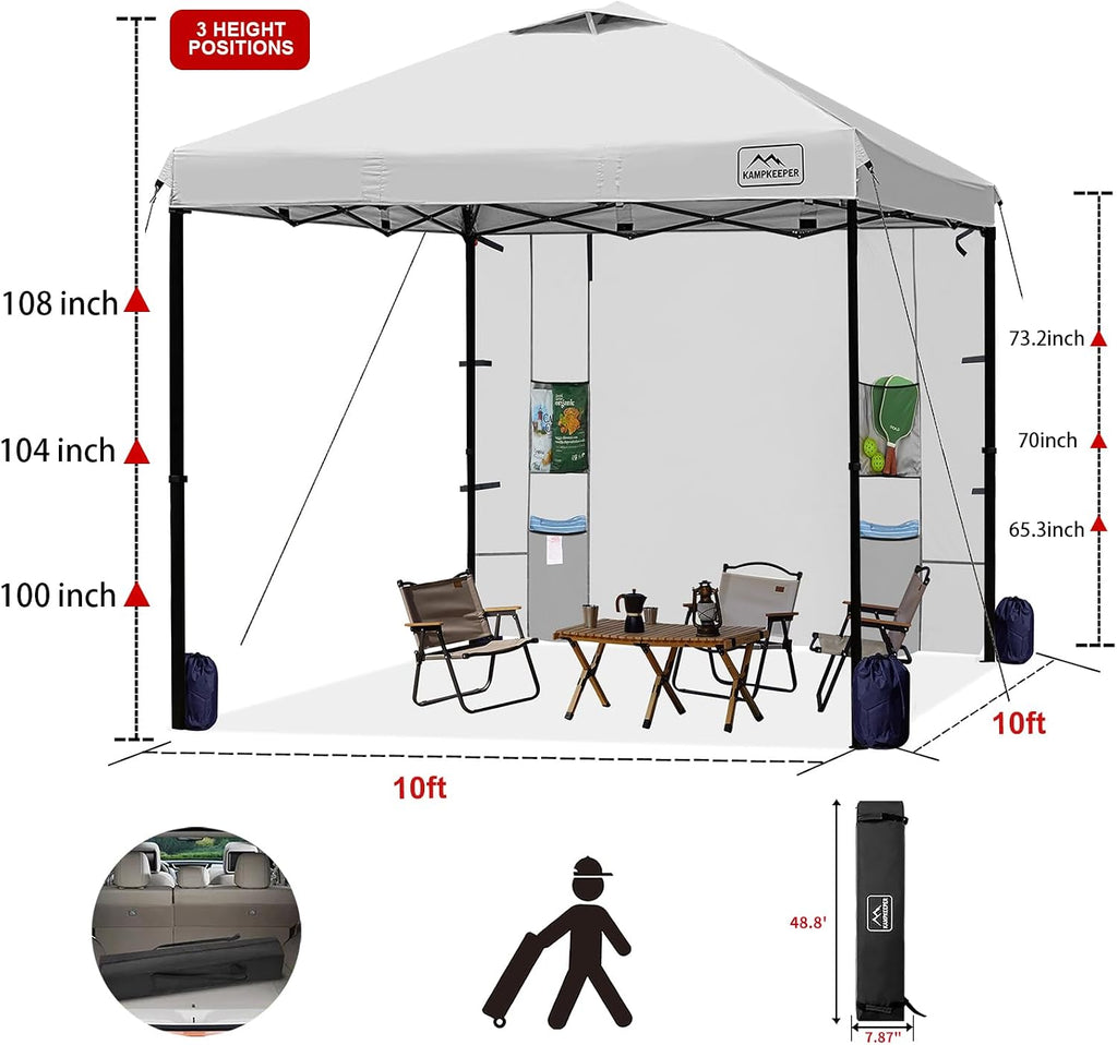 KAMPKEEPER 10x10 Easy Pop Up Canopy Tent with Sidewalls, Instant Outdoor Shade Shelter with Removable 10FT Sun Walls, Quick Setup Waterproof and UV-Resistant(White, 10x10FT with 1 sidewall)