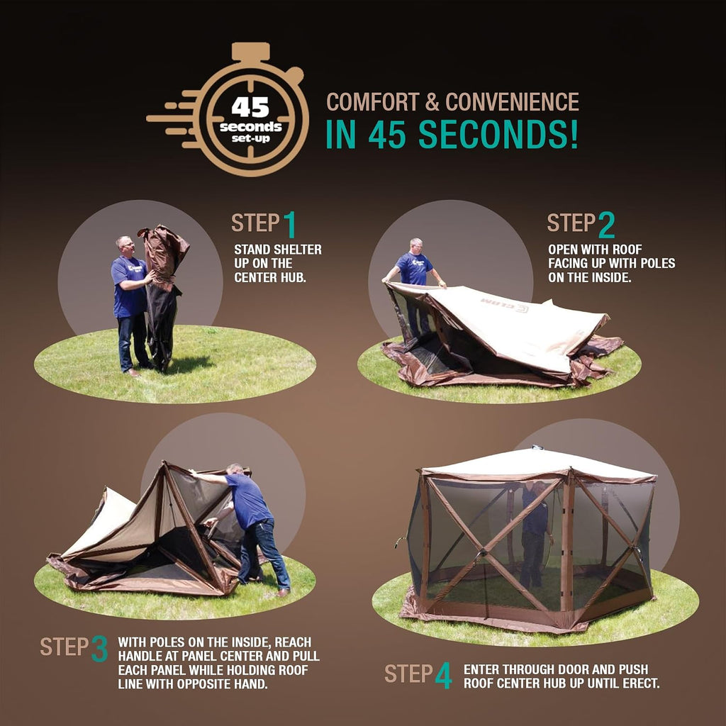 CLAM Venture 9' x 9' Pop-Up Screen Tent – Tan Portable 5-Sided Outdoor Gazebo Canopy with Mesh Netting, Carry Bag, Stakes & Tie-Downs – Instant Setup Shelter for Camping, Picnics & Events