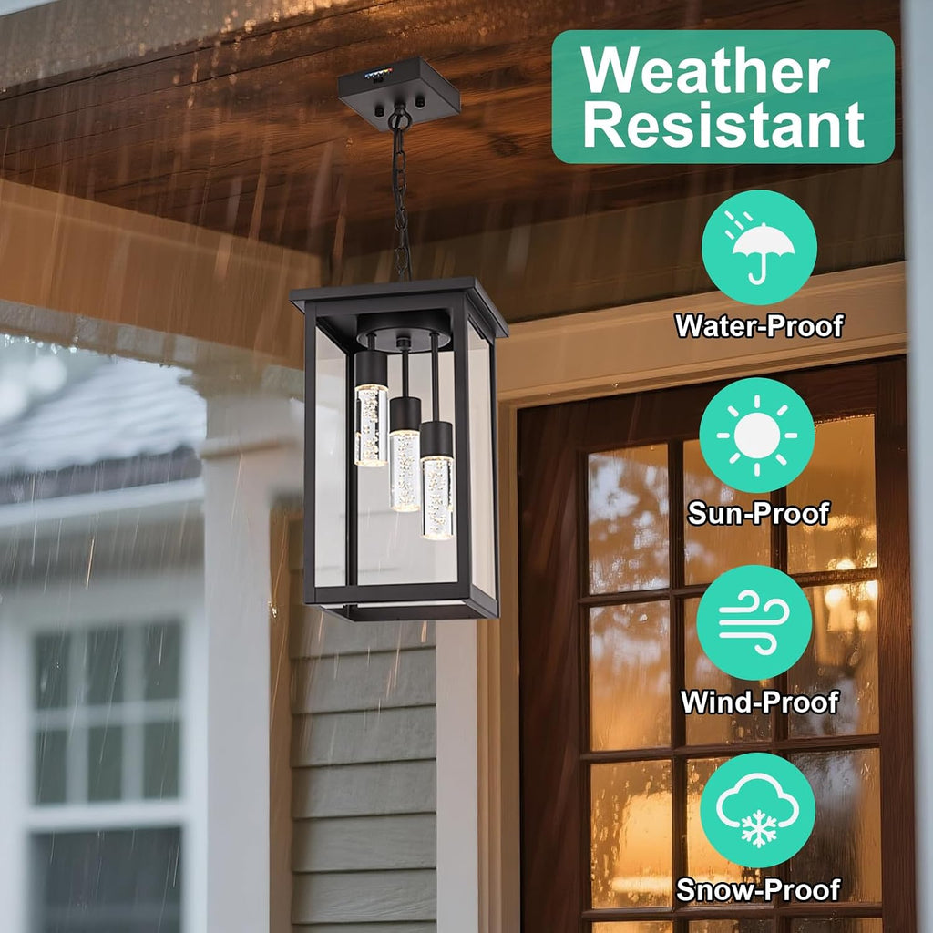 Yaohong 17' Large 5CCT LED Outdoor Pendant Light, 3-Lights Modern Oil Rubbed Bronze Hanging Ceiling Fixture with Acrylic Column & Clear Glass, Weatherproof Chandelier for Porch Gazebo Patio Entryway