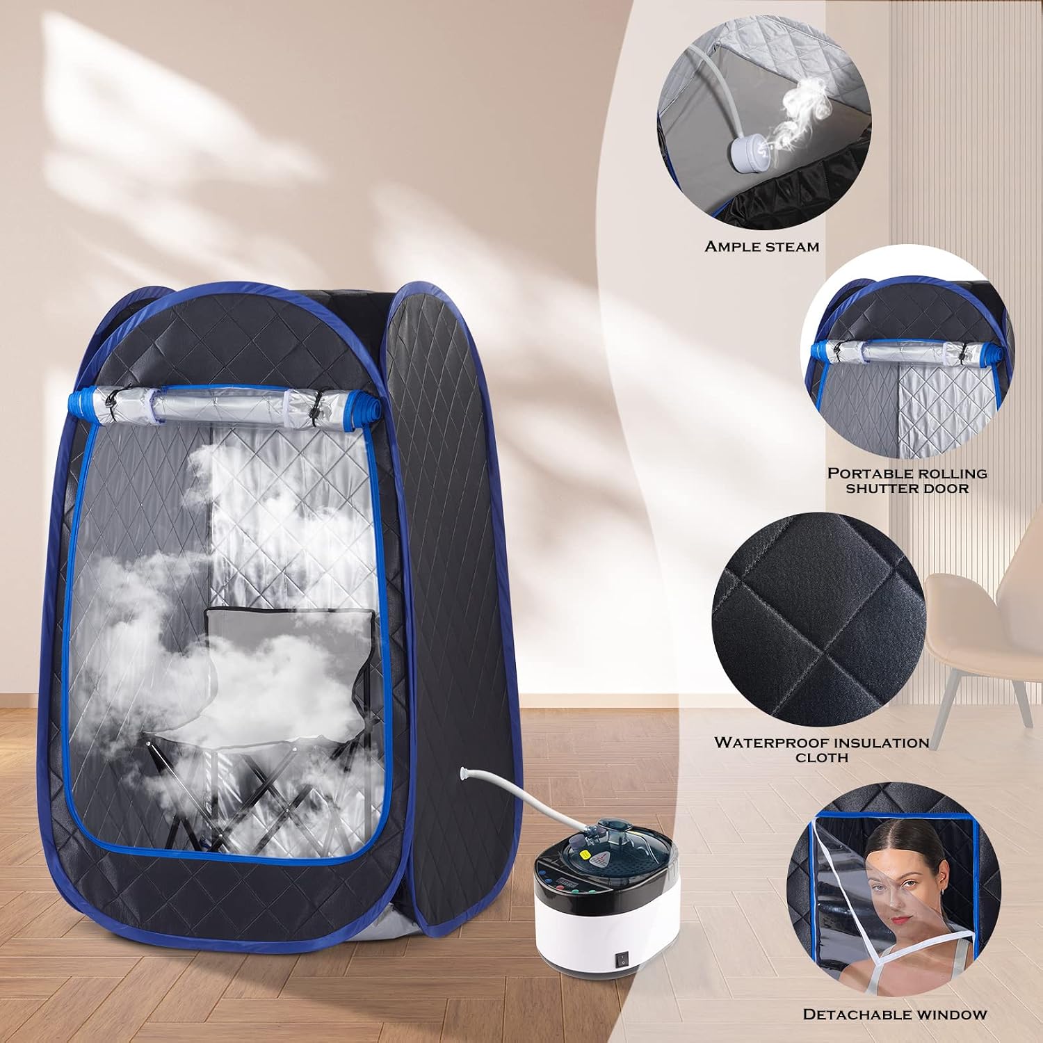Portable Steam Sauna, Full Size Personal Sauna for Home, One Person Relaxation, with 4L & 1500W Steam Generator, Remote Control, Timer, Portable Sauna Chair (31.49 x 31.49 x 55.1inch, Black)