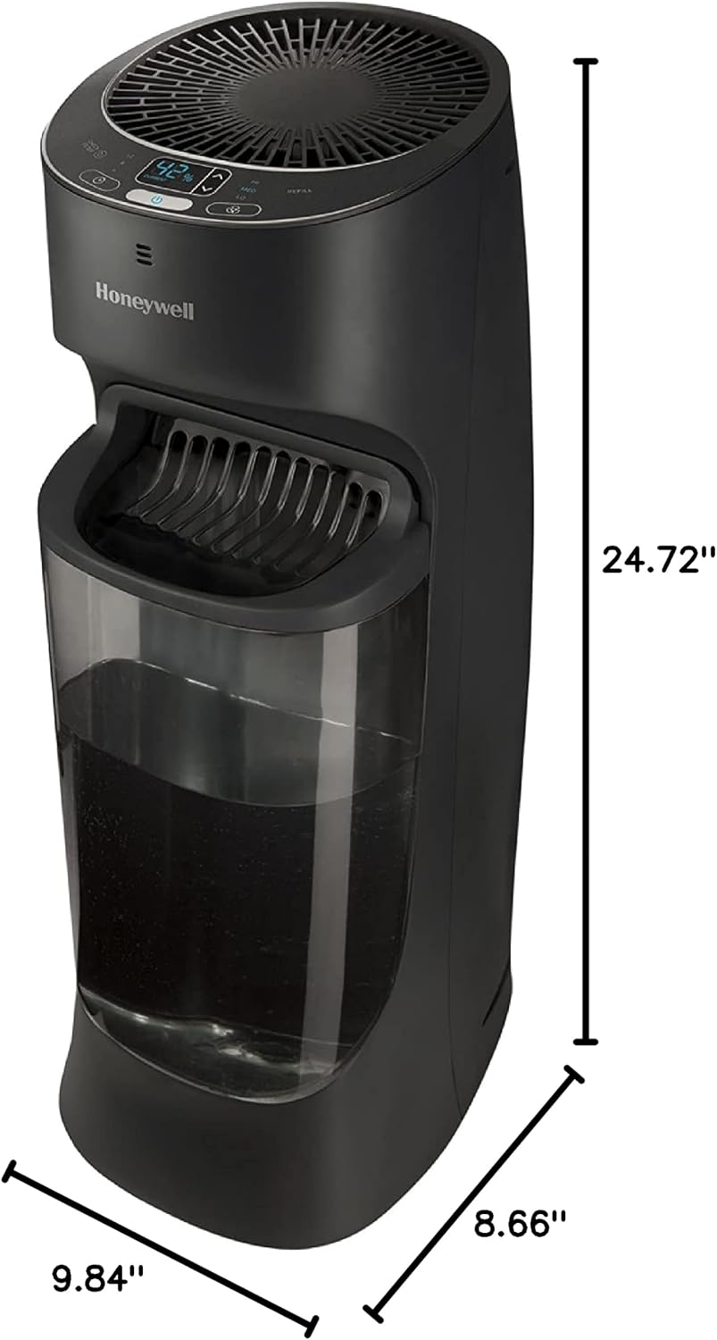 Honeywell Top Fill Tower Humidifier, Digital Humidistat, Black – Cool Mist Humidifiers for Bedroom, Home or Office with Space-Saving Tower Design