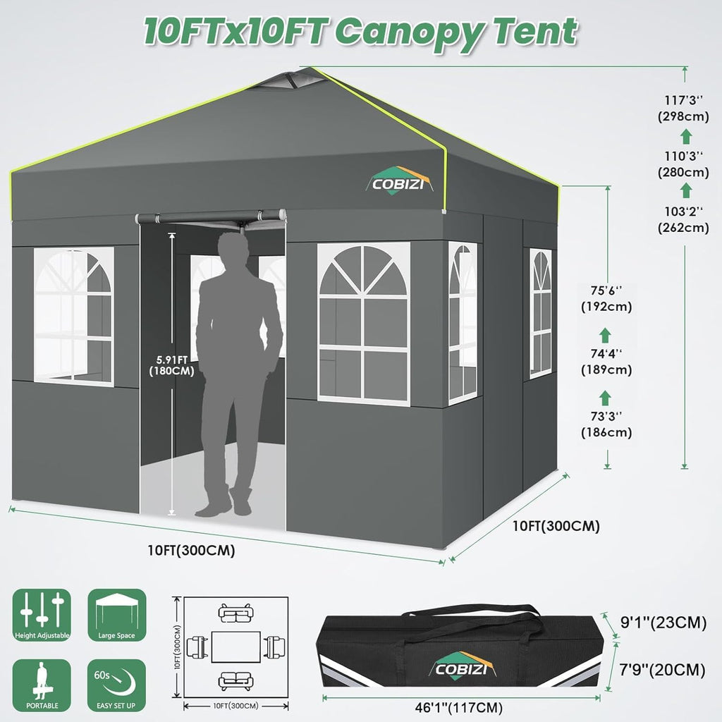 COBIZI 10x10 Pop Up Canopy Tent, Outdoor Party Tent with 4 Sidewall One Push Setup Glow, 3 Adjustable Height Air Vent Waterproof UPF50+, Bag, 4 Sandbag, 8 Stake, 4 Rope for Beach, Commercial