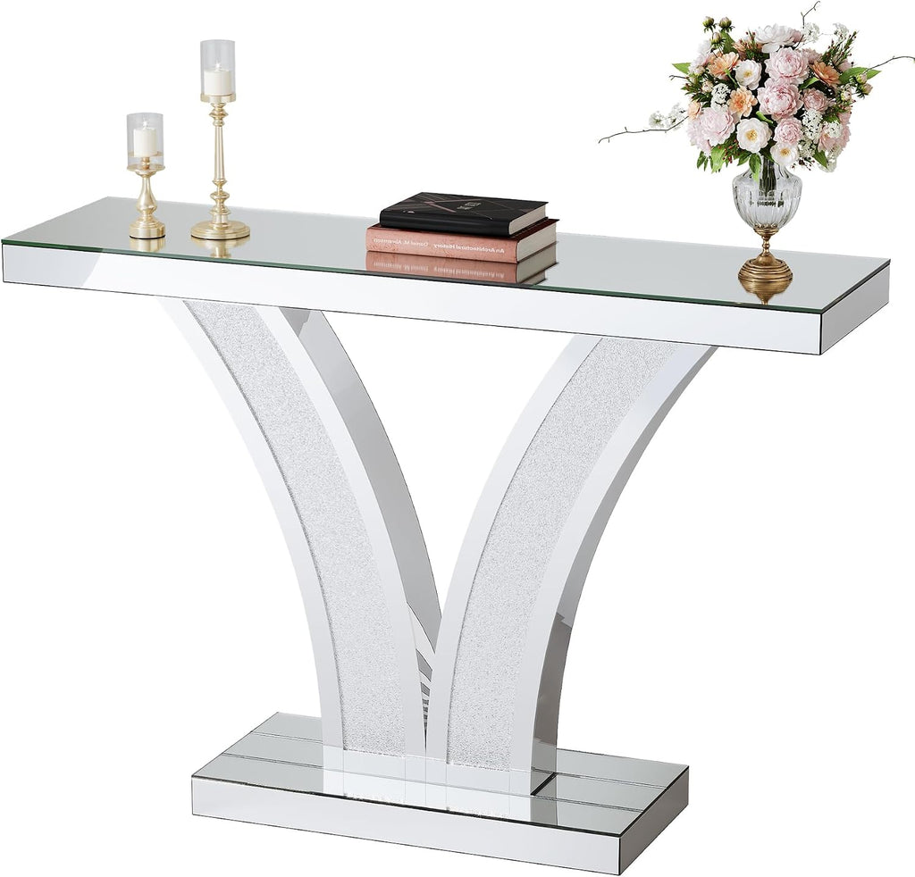 Tribesigns Mirrored Console Table, Modern Sliver Entryway Sofa Table with Crystal Inlay Frames for Living Room, Hallway, Foyer
