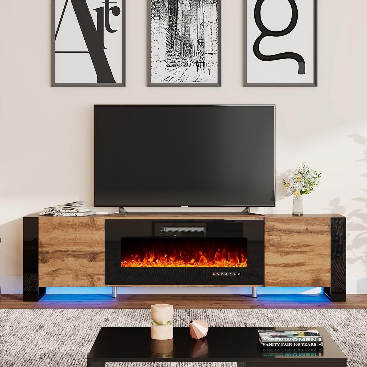 VanAcc 70' Fireplace TV Stand with 36' Electric Fireplace, High Gloss Entertainment Center with LED Lights, Modern Entertainment Stand for TVs up to 80', Rustic Oak&Black