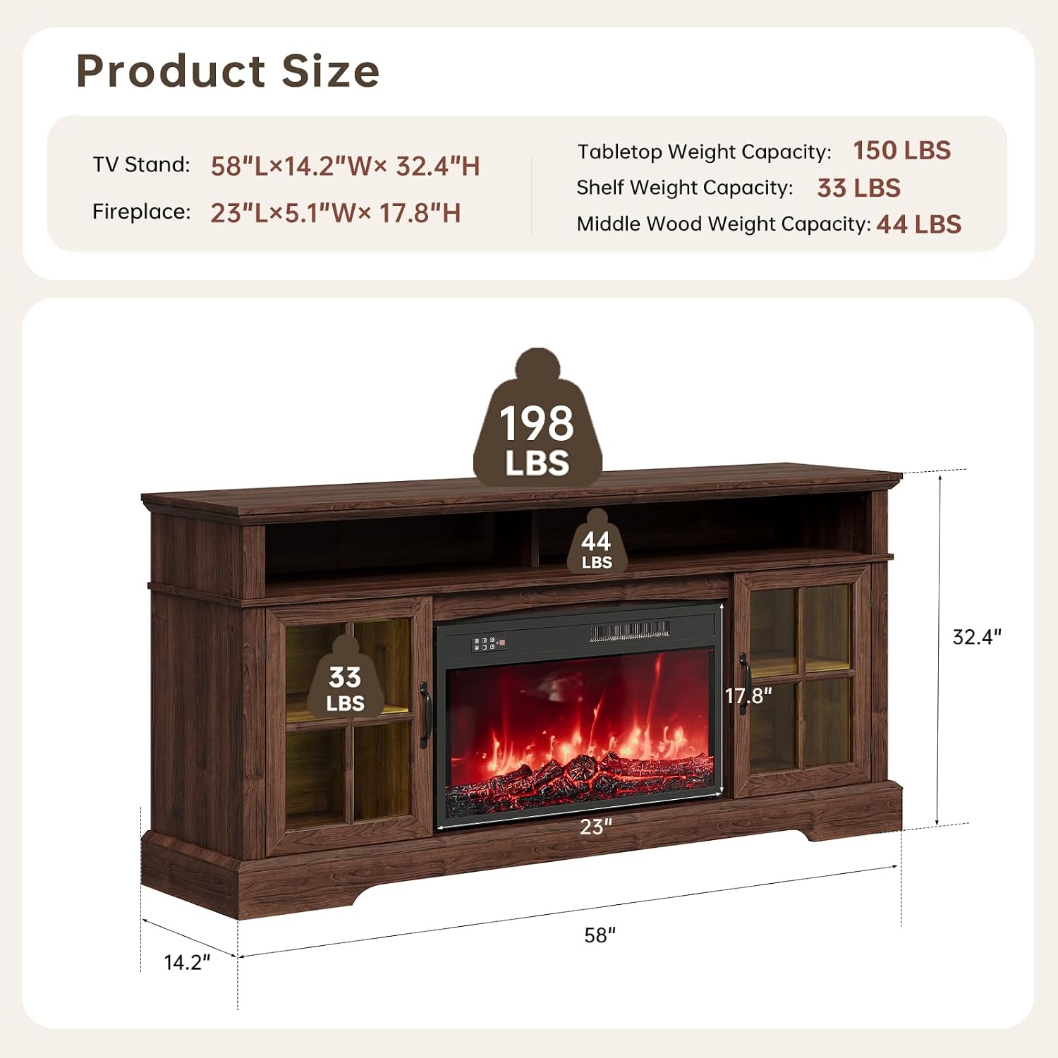 58' Farmhouse TV Stand with 23' Fireplace for TVs up to 80', Media Entertainment Center with Adjustable Shelves and Large Storage Cabinets, for Living Room, Brown & Black