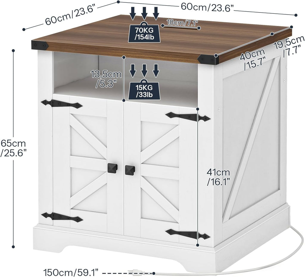 HOOBRO Farmhouse End Table with Charging Station, 23.6' Large End Tables for Living Room, Sofa Side Table with Barn Door, Wooden Square Nightstand Bedside Table, Flip Top, White and Walnut WH601UBZ01