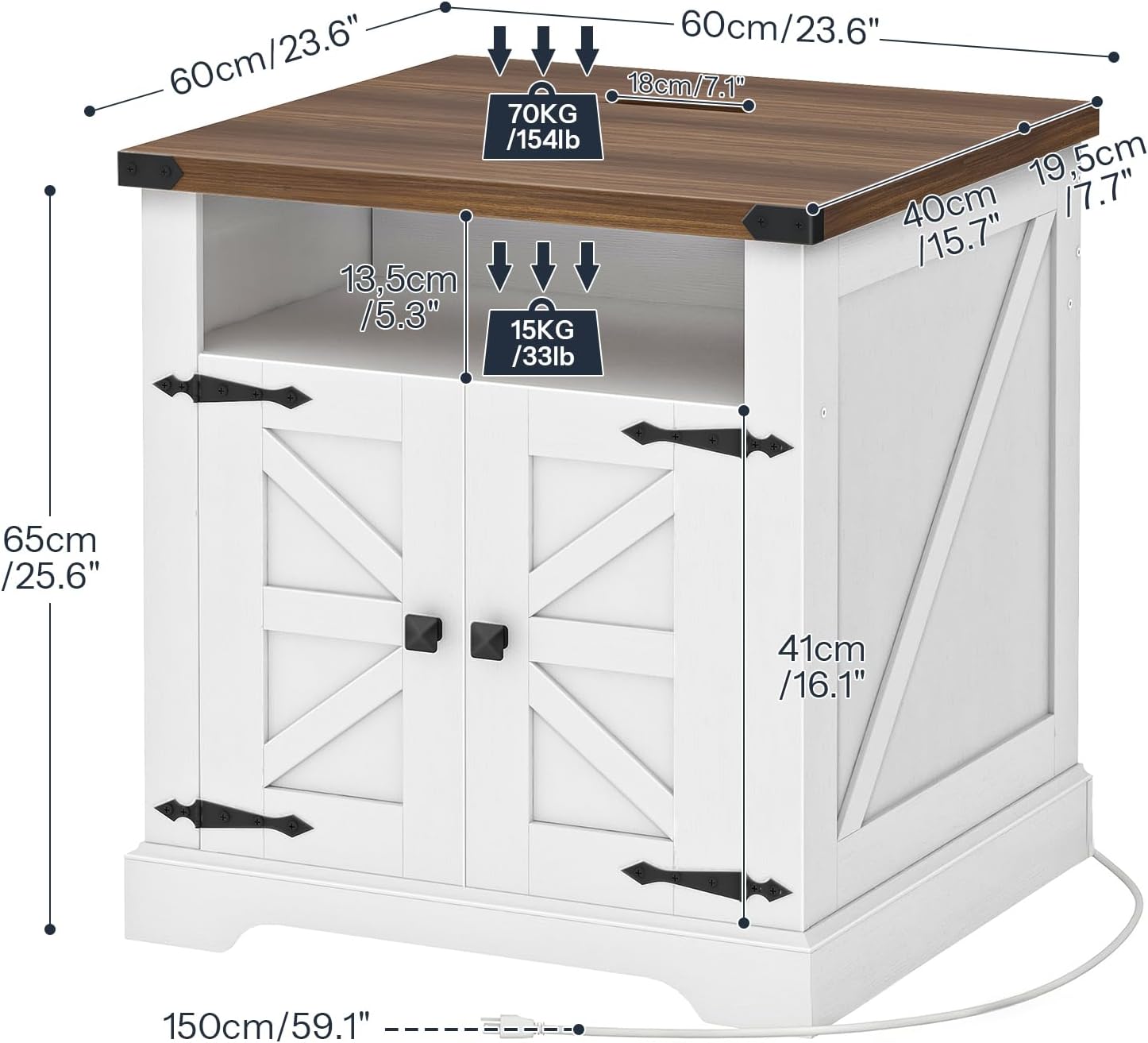 HOOBRO Farmhouse End Table with Charging Station, 23.6' Large End Tables for Living Room, Sofa Side Table with Barn Door, Wooden Square Nightstand Bedside Table, Flip Top, White and Walnut WH601UBZ01