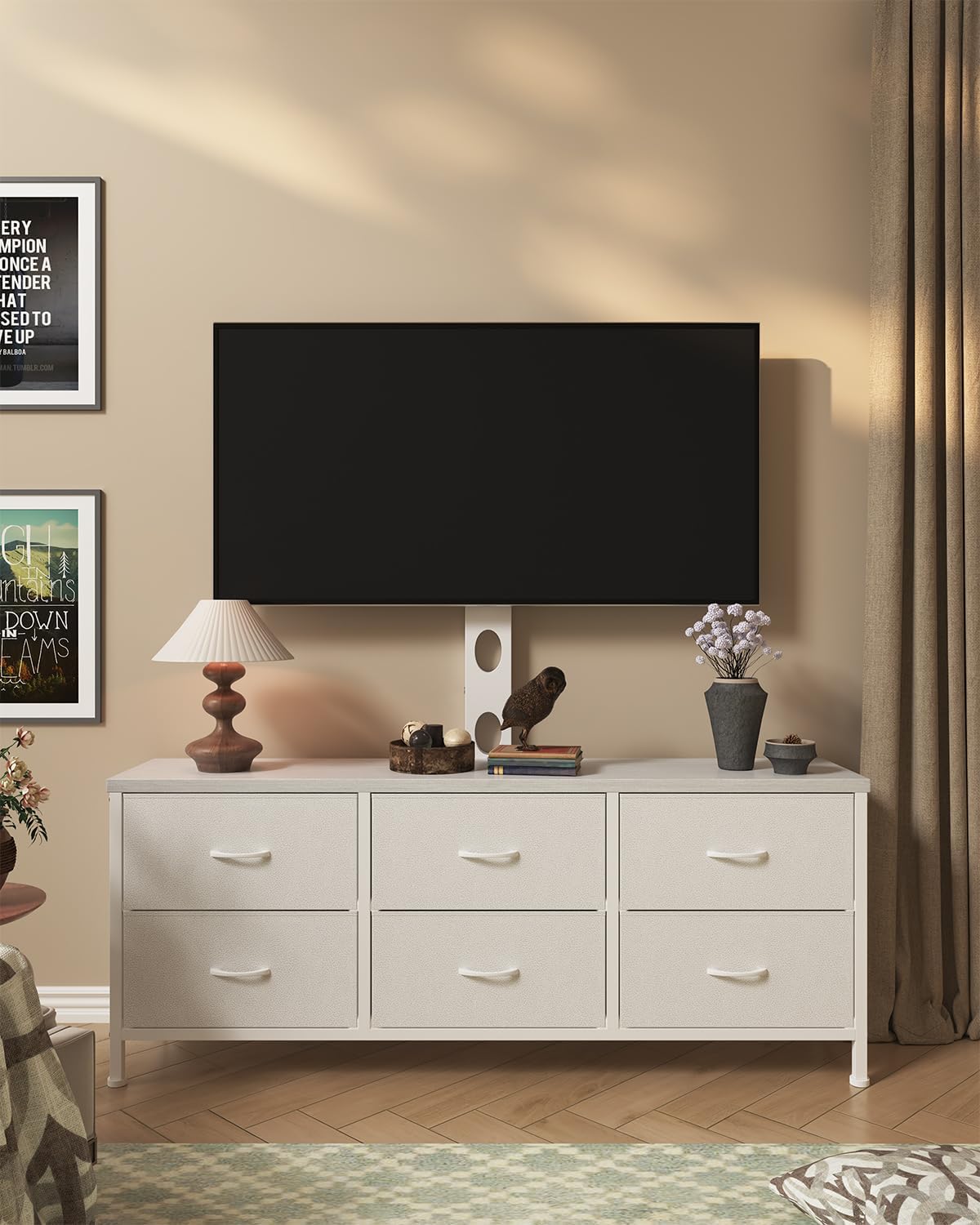 TV Stand with Mount, Fabric Dresser with 6 Drawers for 32/45/55/60/65/75 inch TVs, White Dresser Entertainment Center, Modern Media TV Console Table