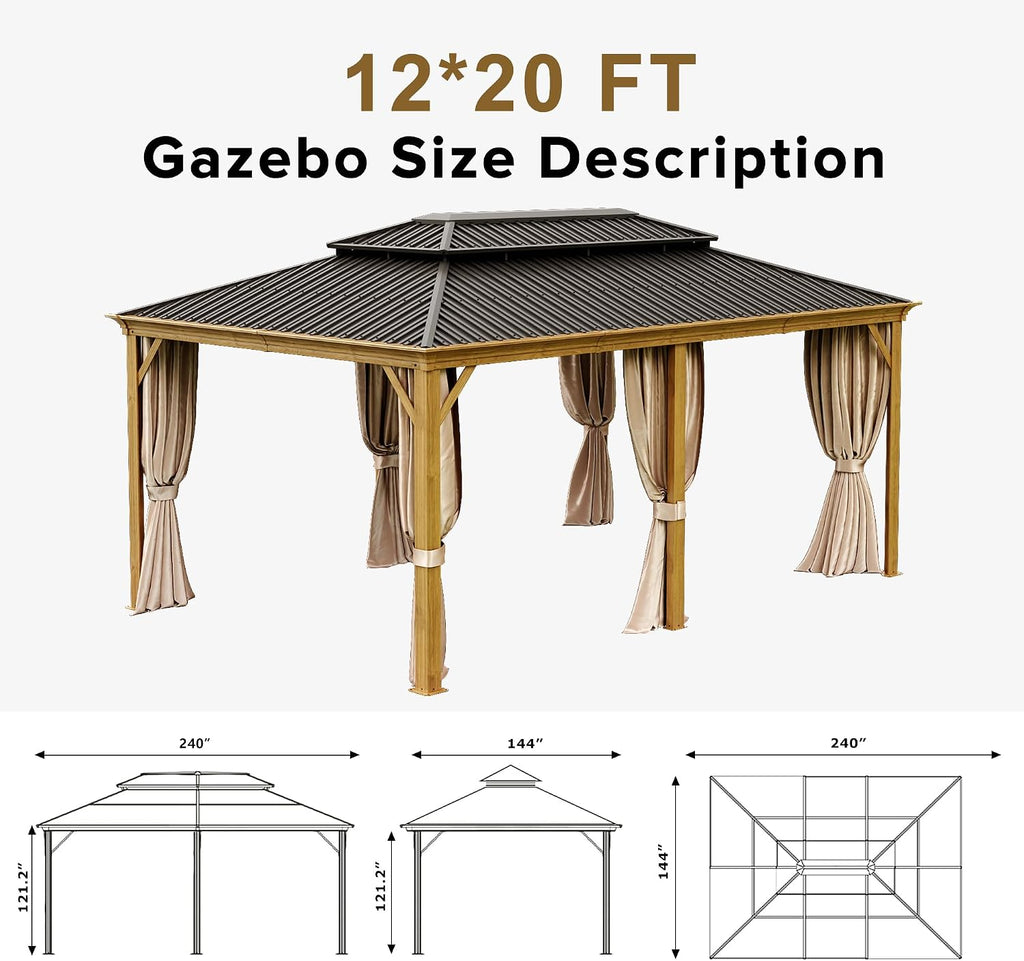 12x20ft Hardtop Gazebo, Wooden Finish Coated Aluminum Frame Canopy with Galvanized Steel Double Roof, Outdoor Permanent Metal Pavilion with Curtains & Netting for Garden, Brown (Wooden 12x20 Ft)