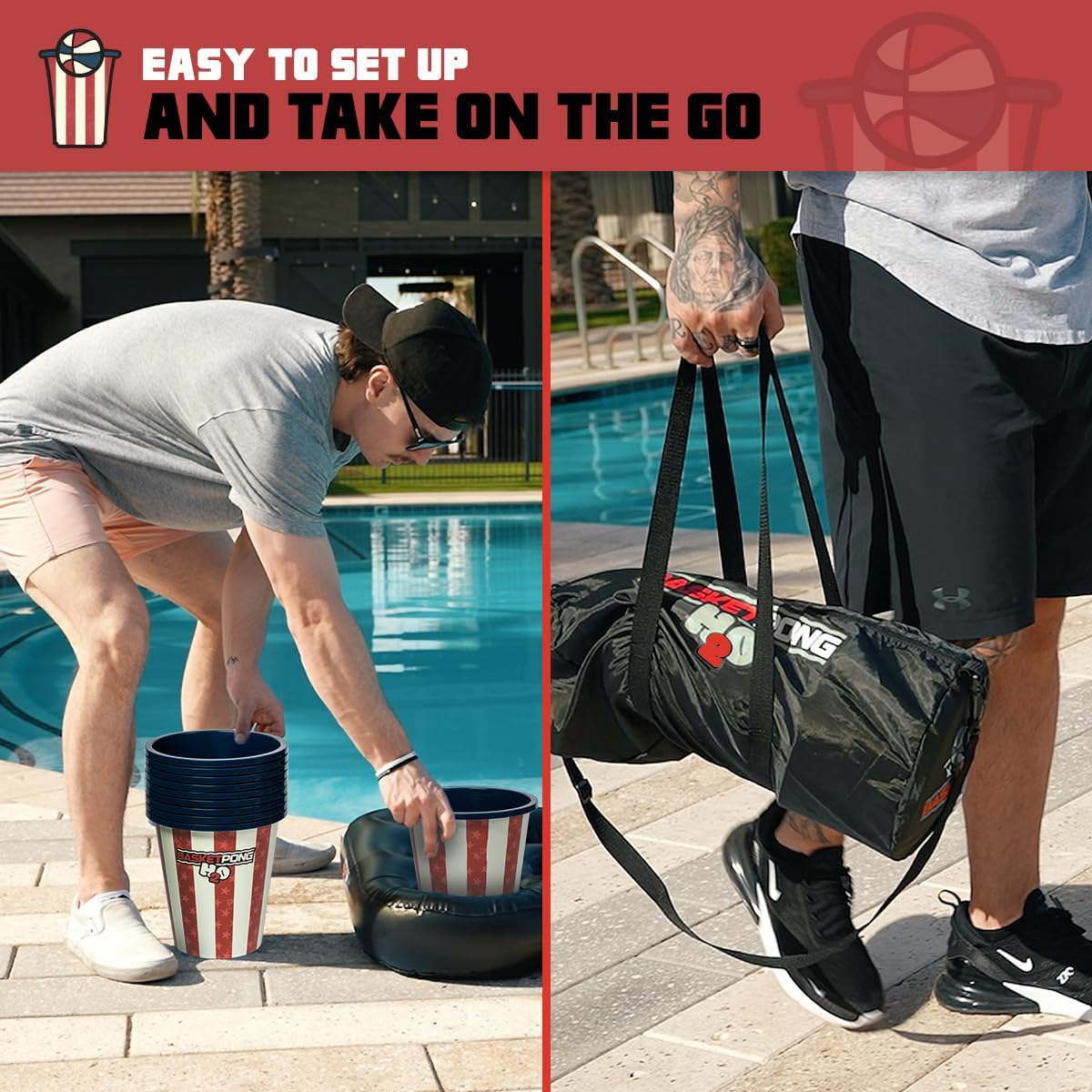 H2O USA - Inflatable Pool Pong Table Game for Outdoor Fun, Lawn, Lake, or Beach – Comes with 12 Buckets, 2 Balls, Floating Racks, Air Pump & Storage Bag