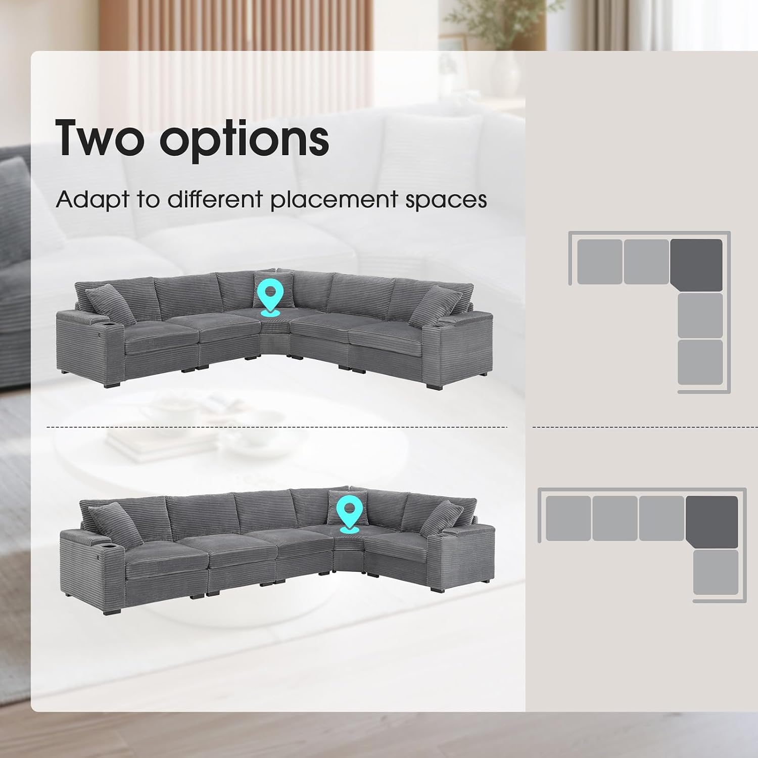 106'' Modular Sectional Sofa Couch, 5-Seater Oversized L-Shaped Corner Couch Set with USB Charger, Armrest Storage and Cup Holders, Corduroy Sectional Couches for Living Room (Gray)