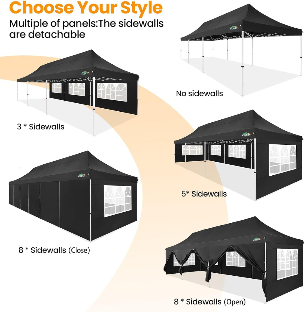 COBIZI 10x30 Pop up Canopy with Roller Bag & 8 Removable Sidewalls, Canopy Tent for Parties, Wedding, and Commercials, Waterproof and Instant Shelter UV50+ Outdoor Gazebo with 4 Sandbags(Pure Black)