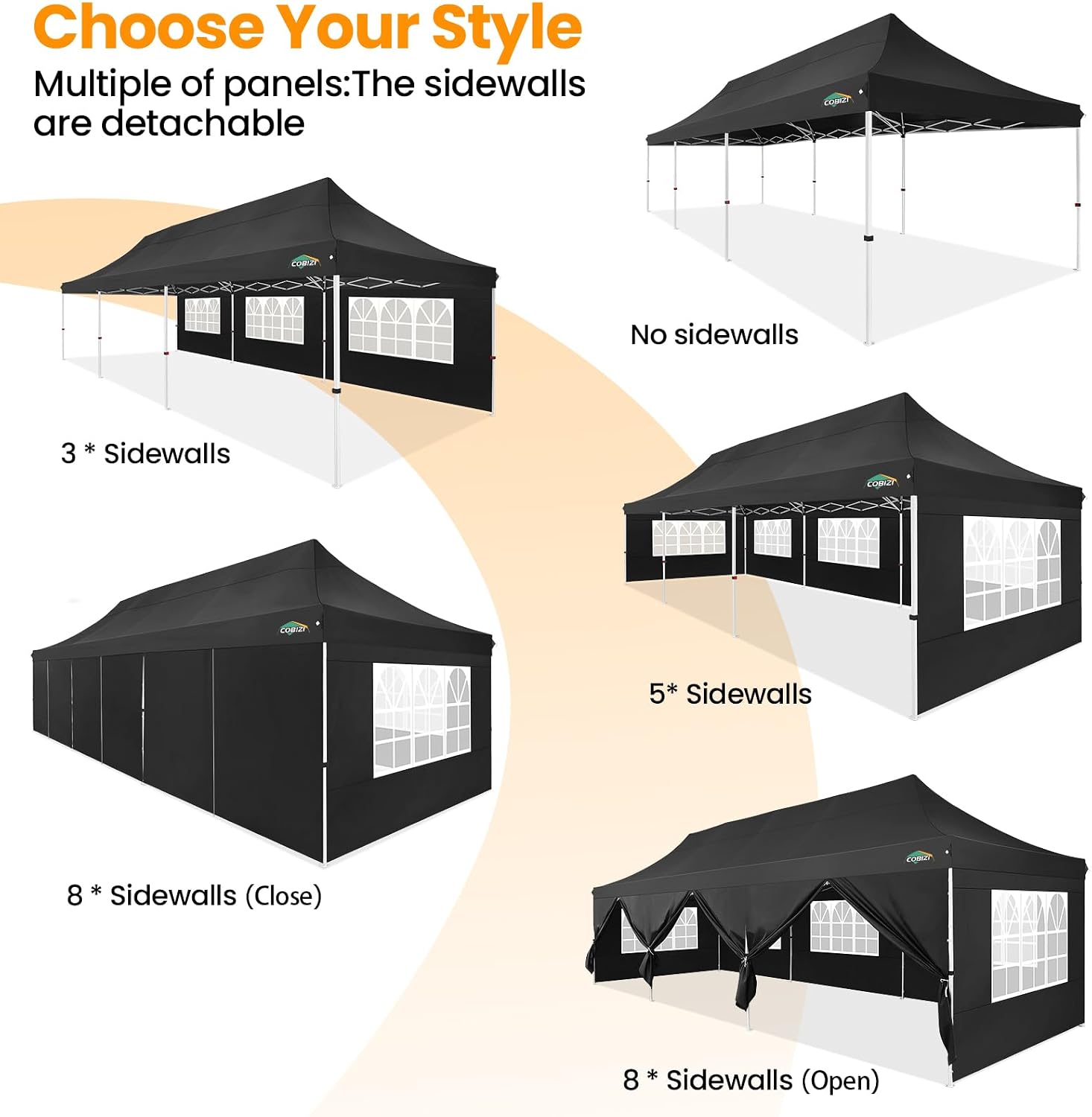 COBIZI 10x30 Pop up Canopy with Roller Bag & 8 Removable Sidewalls, Canopy Tent for Parties, Wedding, and Commercials, Waterproof and Instant Shelter UV50+ Outdoor Gazebo with 4 Sandbags(Pure Black)