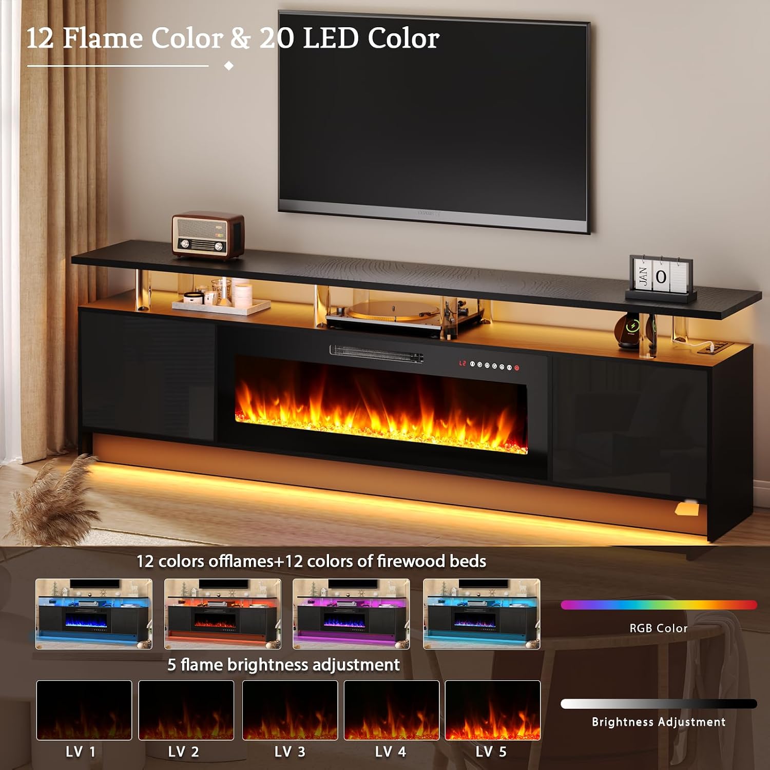 Kucreiheat Fireplace TV Stand for 70-90 inch TV, Large Entertainment Center with Fireplace,Power Outlet & LED Lights,High Gloss Living Room Storage Cabinet, Black, 80''(High)